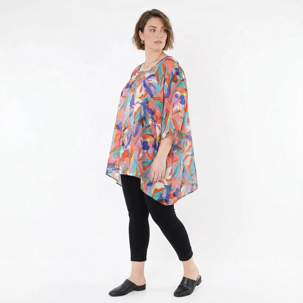 Ausgefallenes Oversize Lagenlook Big Shirt in A-Form mit glattem, weich fließendem Stoff, Mehrfarbig