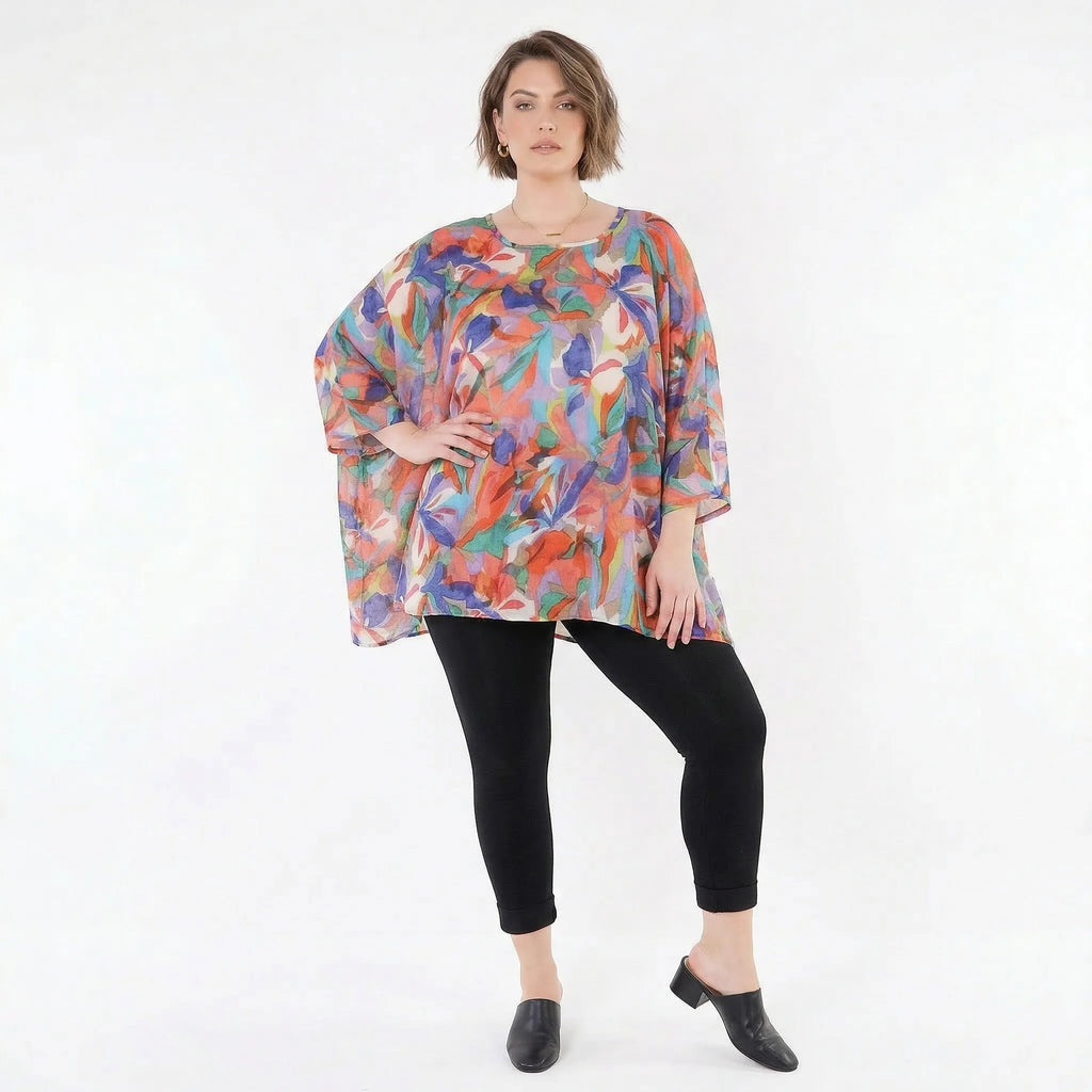 Ausgefallenes Oversize Lagenlook Big Shirt in A-Form mit glattem, weich fließendem Stoff, Mehrfarbig