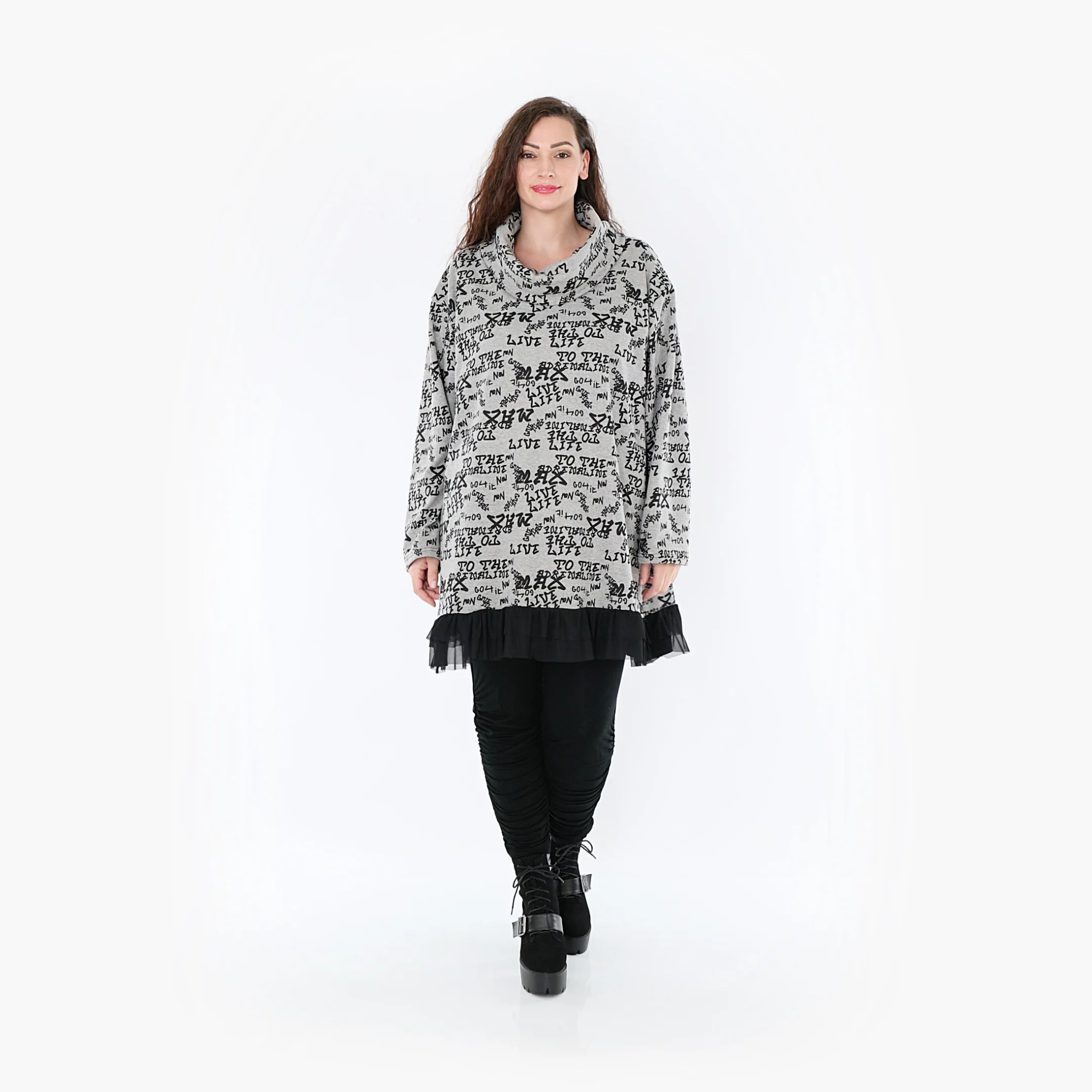  A-Form Bigshirt von AKH Fashion aus Baumwolle, 1376.01919, Grau-Schwarz, Buchstaben, Schick