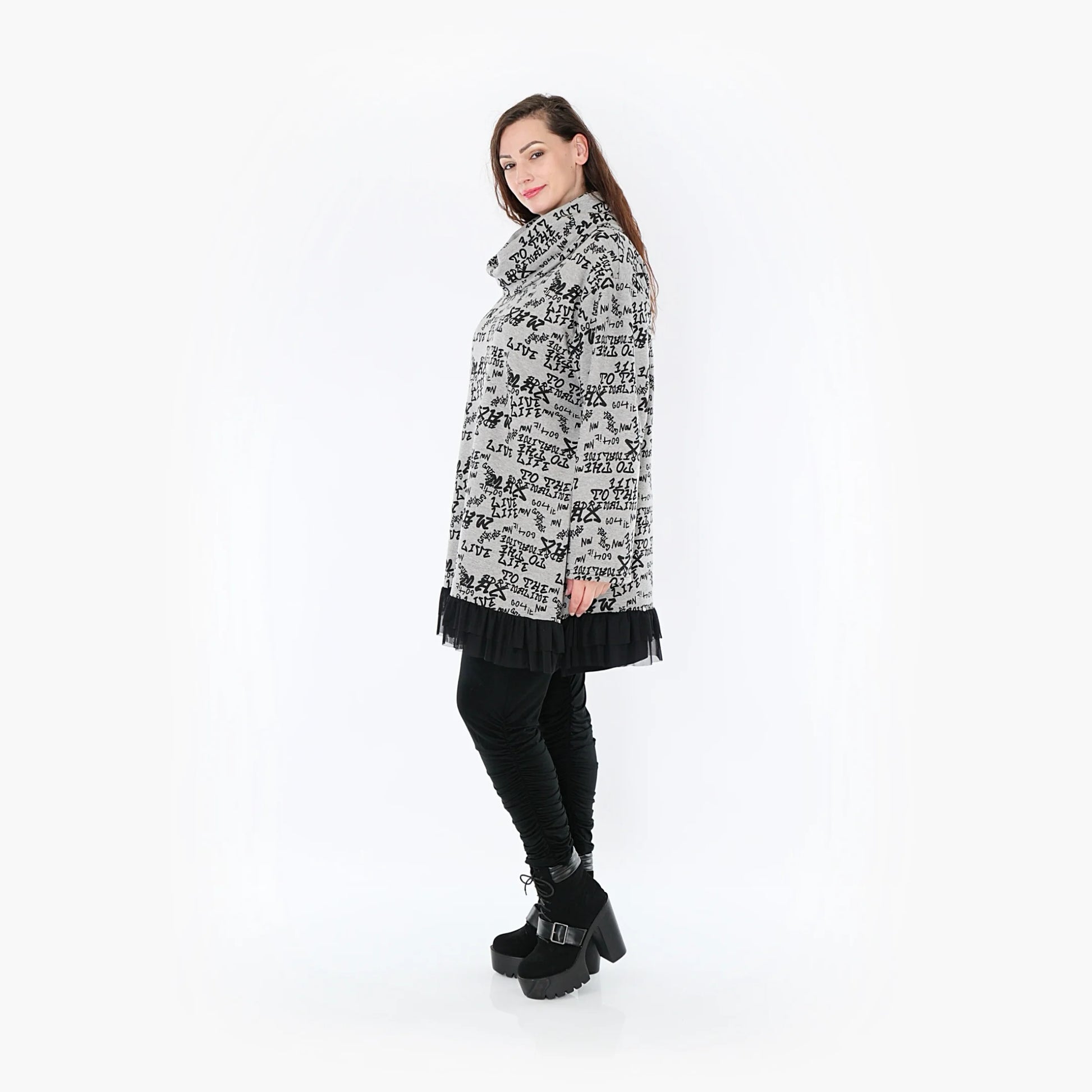  A-Form Oversize-Shirt in Grau-Schwarz mit einzigartigem Muster und warmem Rollkragen für Curvy-Mode