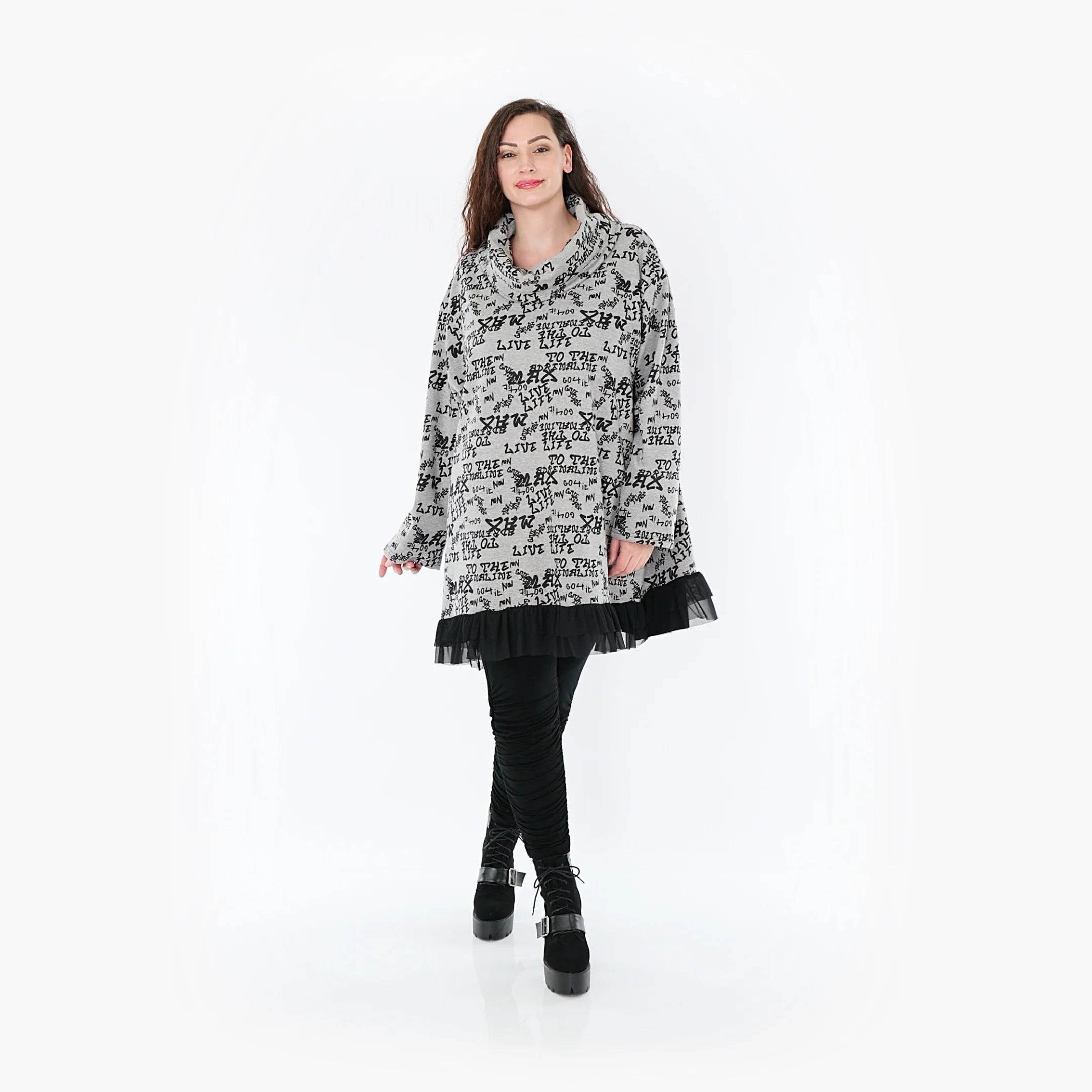  A-Form Bigshirt von AKH Fashion aus Baumwolle, 1376.01919, Grau-Schwarz, Buchstaben, Schick