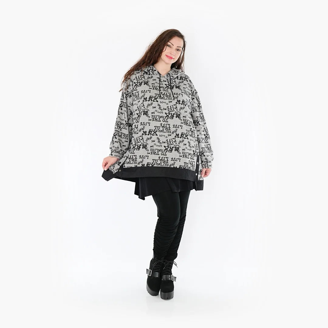  Kuschelweiches Shirt in Grau-Schwarz mit Buchstaben-Muster für Plus Size und Curvy Styles