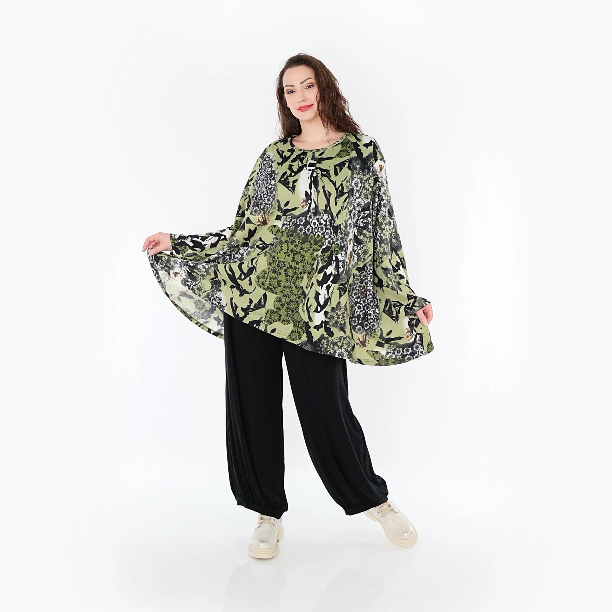  A-Form Bigshirt von AKH Fashion aus Viskose, 1395.00593, Olive-Schwarz-Weiß, Blumen, Schick