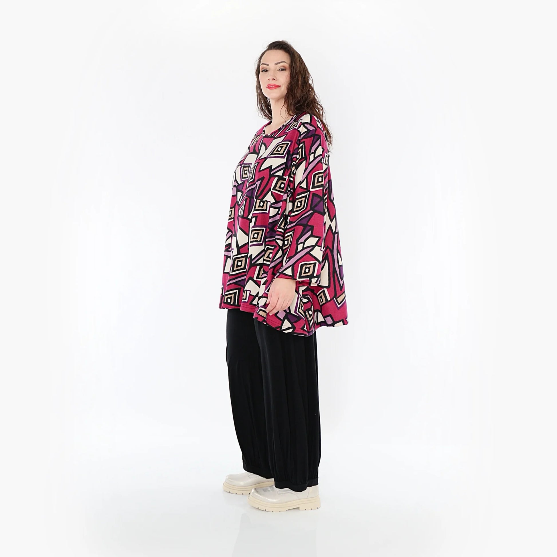  A-Form Bigshirt von AKH Fashion aus Viskose, 1397.00593, Fuchsia-Schwarz-Creme, Aztec