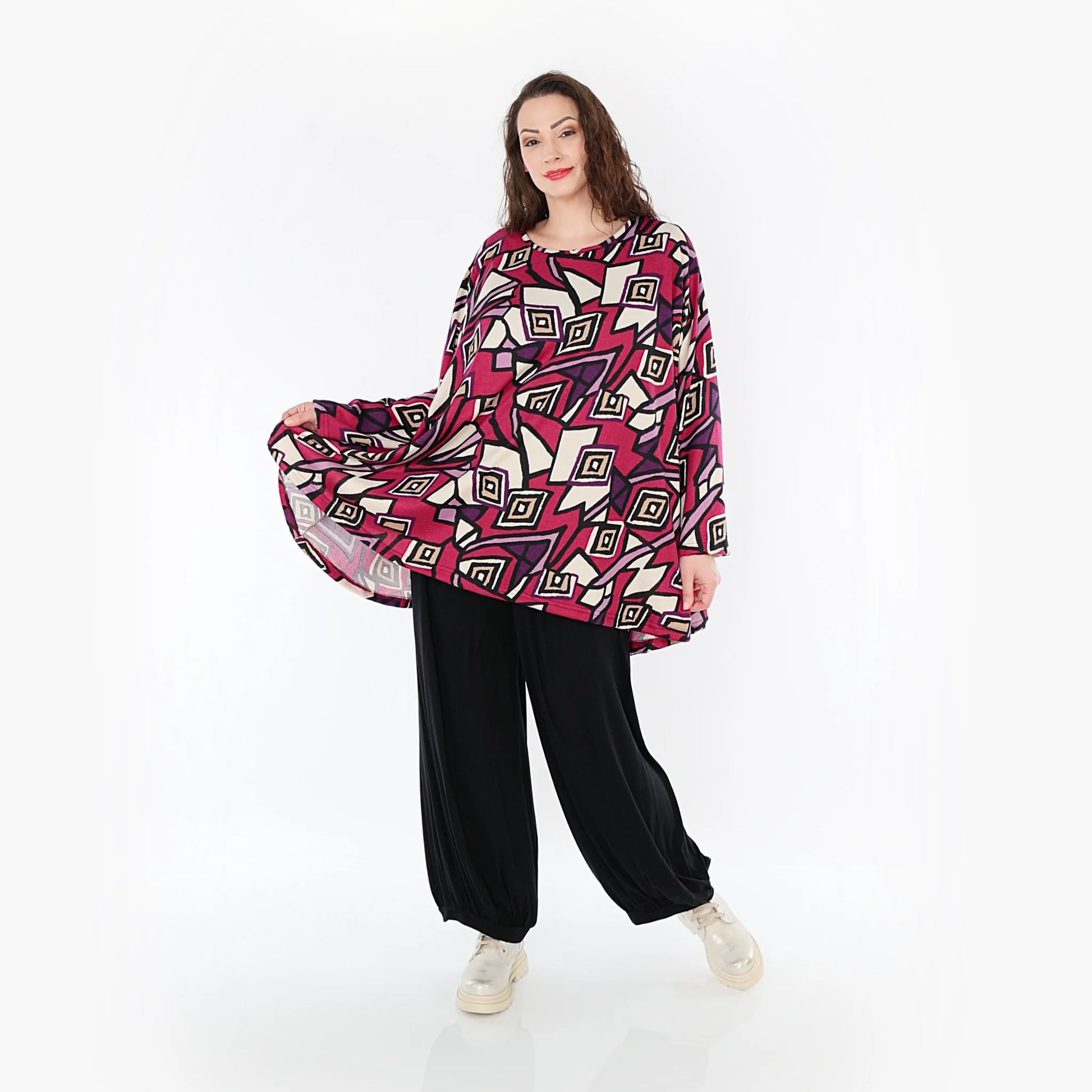  A-Form Bigshirt von AKH Fashion aus Viskose, 1397.00593, Fuchsia-Schwarz-Creme, Aztec