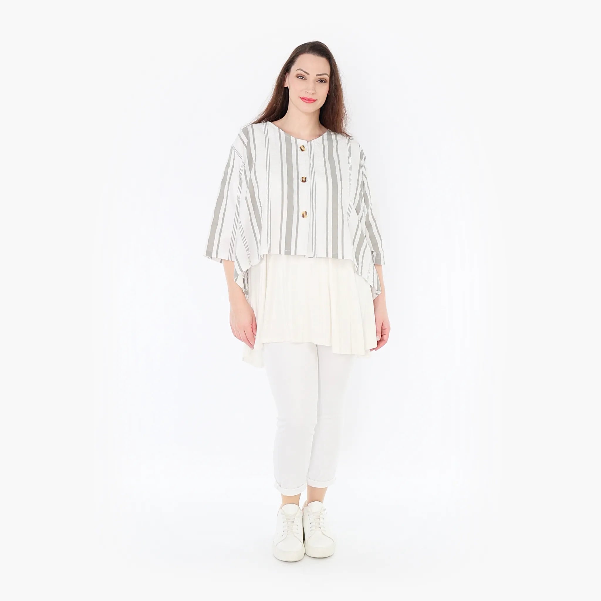  AKH Fashion Jacke in gerundeter Form, aus Baumwolle, 1420.00130, Weiß/Kiwi, Blockstreifen