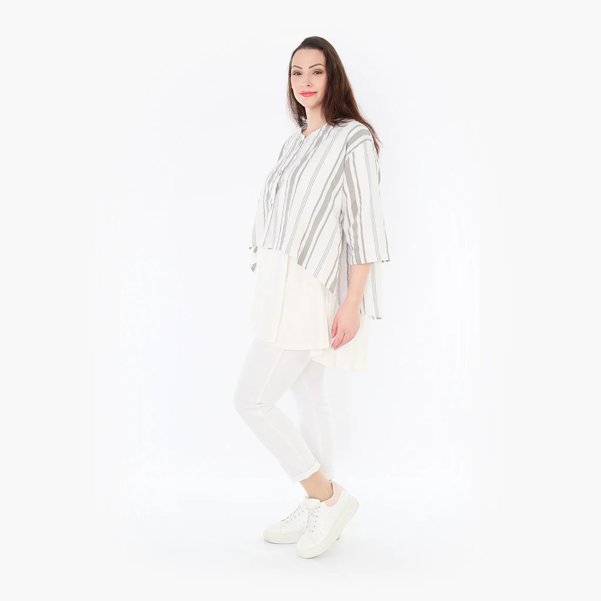  AKH Fashion Jacke in gerundeter Form, aus Baumwolle, 1420.00130, Weiß/Kiwi, Blockstreifen