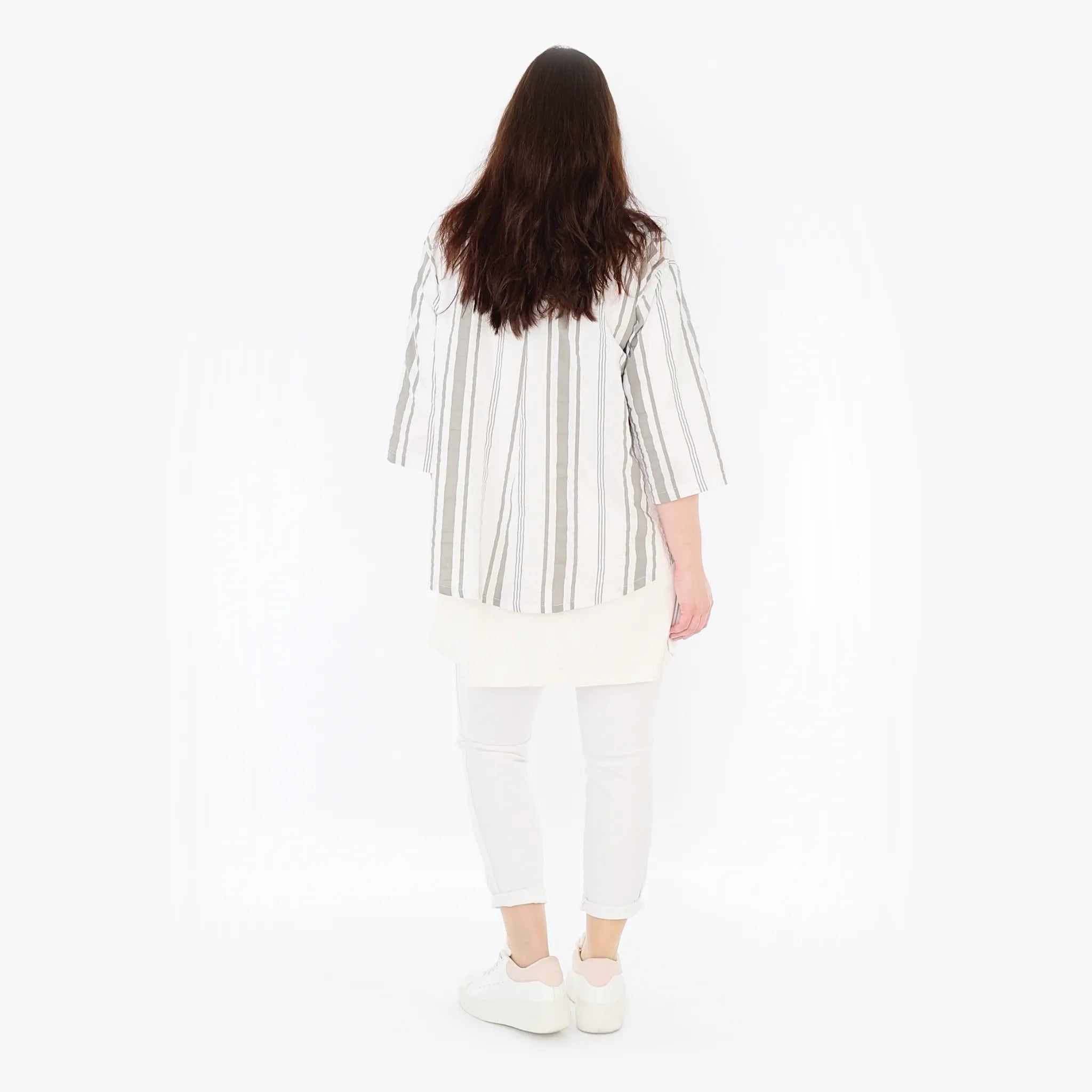  AKH Fashion Jacke in gerundeter Form, aus Baumwolle, 1420.00130, Weiß/Kiwi, Blockstreifen