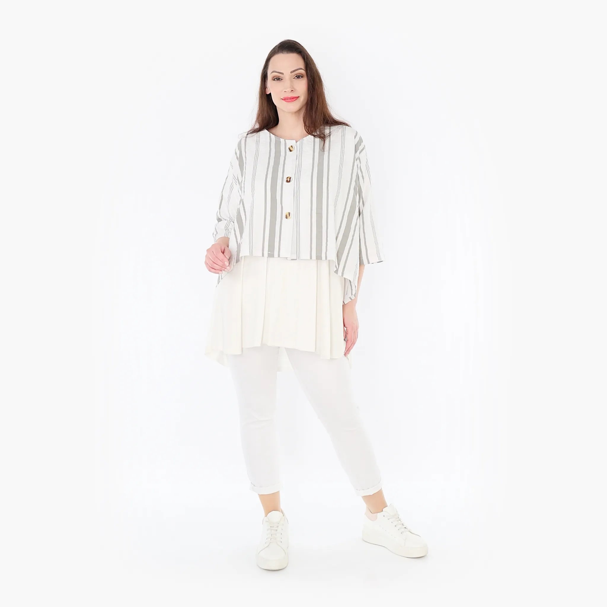  AKH Fashion Jacke in gerundeter Form, aus Baumwolle, 1420.00130, Weiß/Kiwi, Blockstreifen