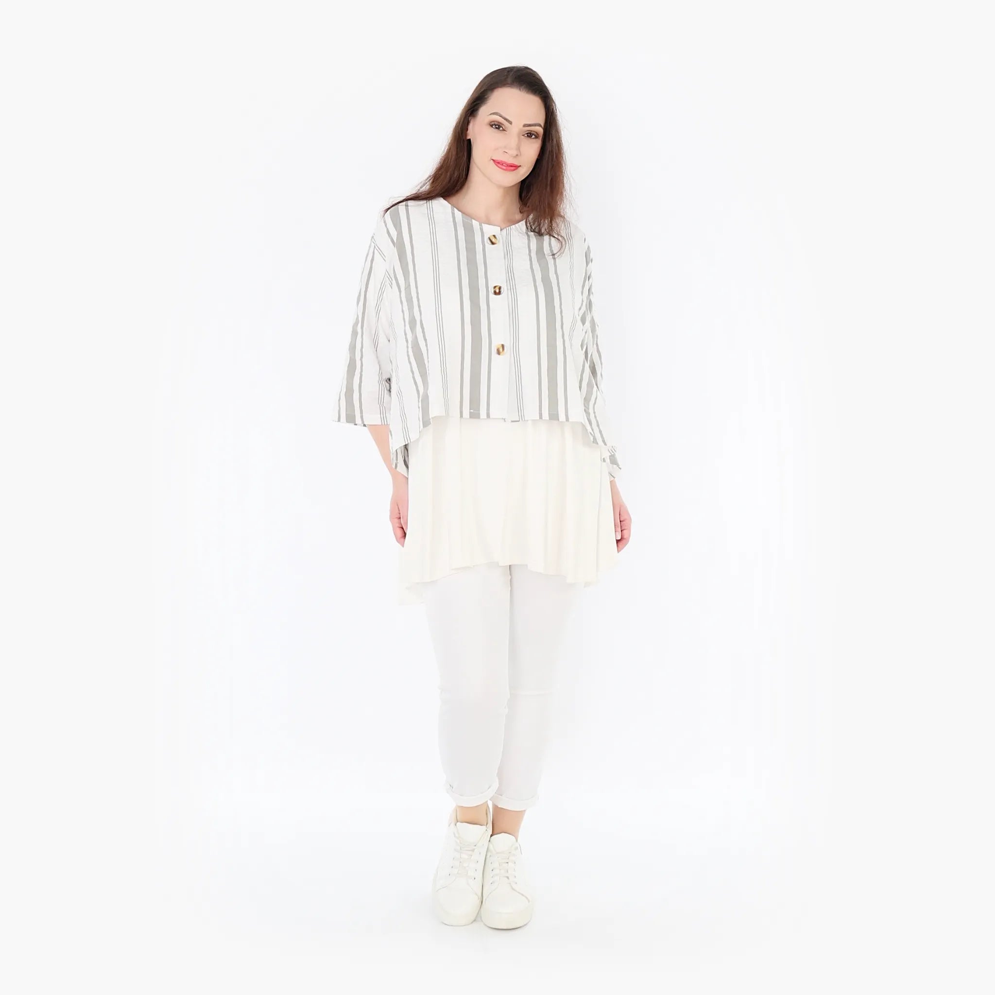  AKH Fashion Jacke in gerundeter Form, aus Baumwolle, 1420.00130, Weiß/Kiwi, Blockstreifen