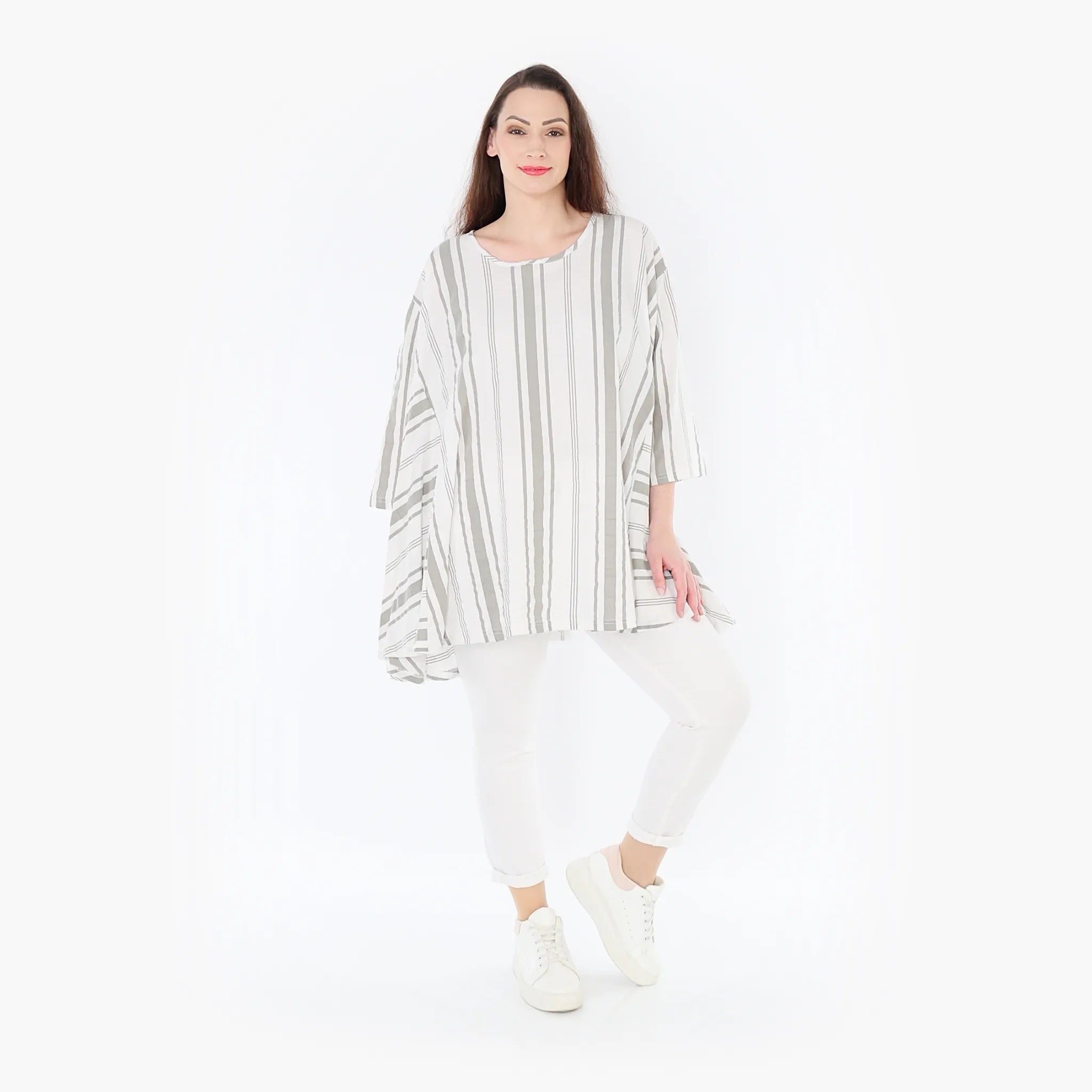  A-Form Bigshirt von AKH Fashion aus Baumwolle, 1420.00593, Weiß/Kiwi, Blockstreifen, Schick