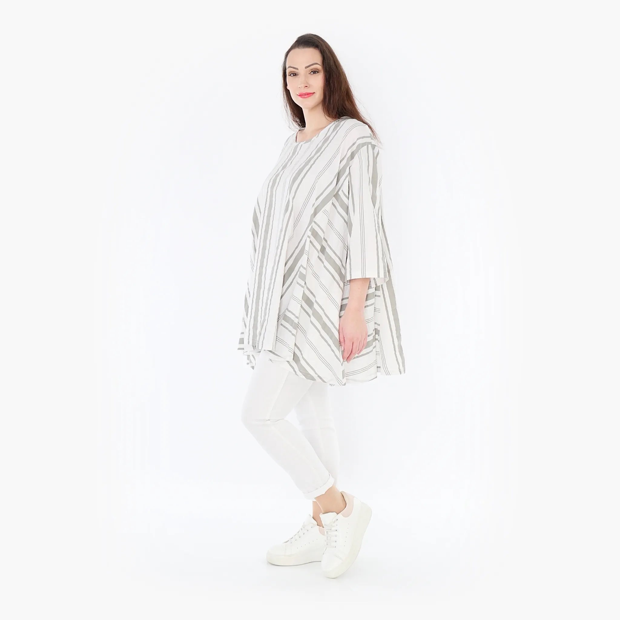  A-Form Bigshirt von AKH Fashion aus Baumwolle, 1420.00593, Weiß/Kiwi, Blockstreifen, Schick