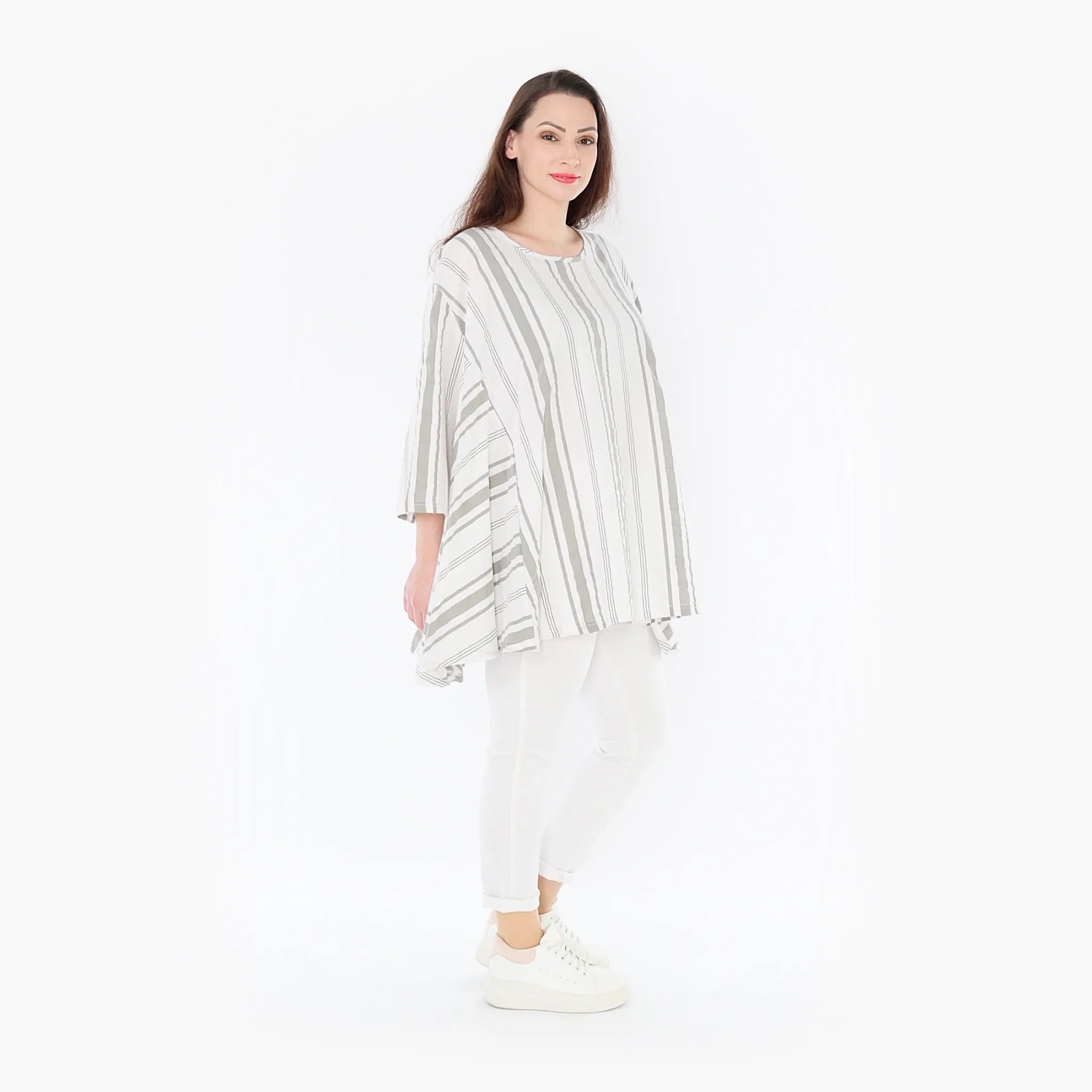  A-Form Bigshirt von AKH Fashion aus Baumwolle, 1420.00593, Weiß/Kiwi, Blockstreifen, Schick