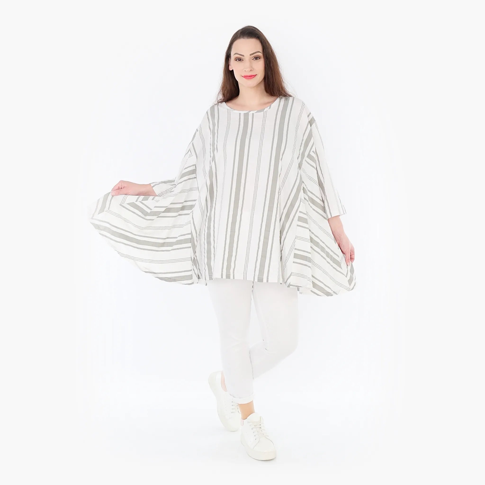  A-Form Bigshirt von AKH Fashion aus Baumwolle, 1420.00593, Weiß/Kiwi, Blockstreifen, Schick
