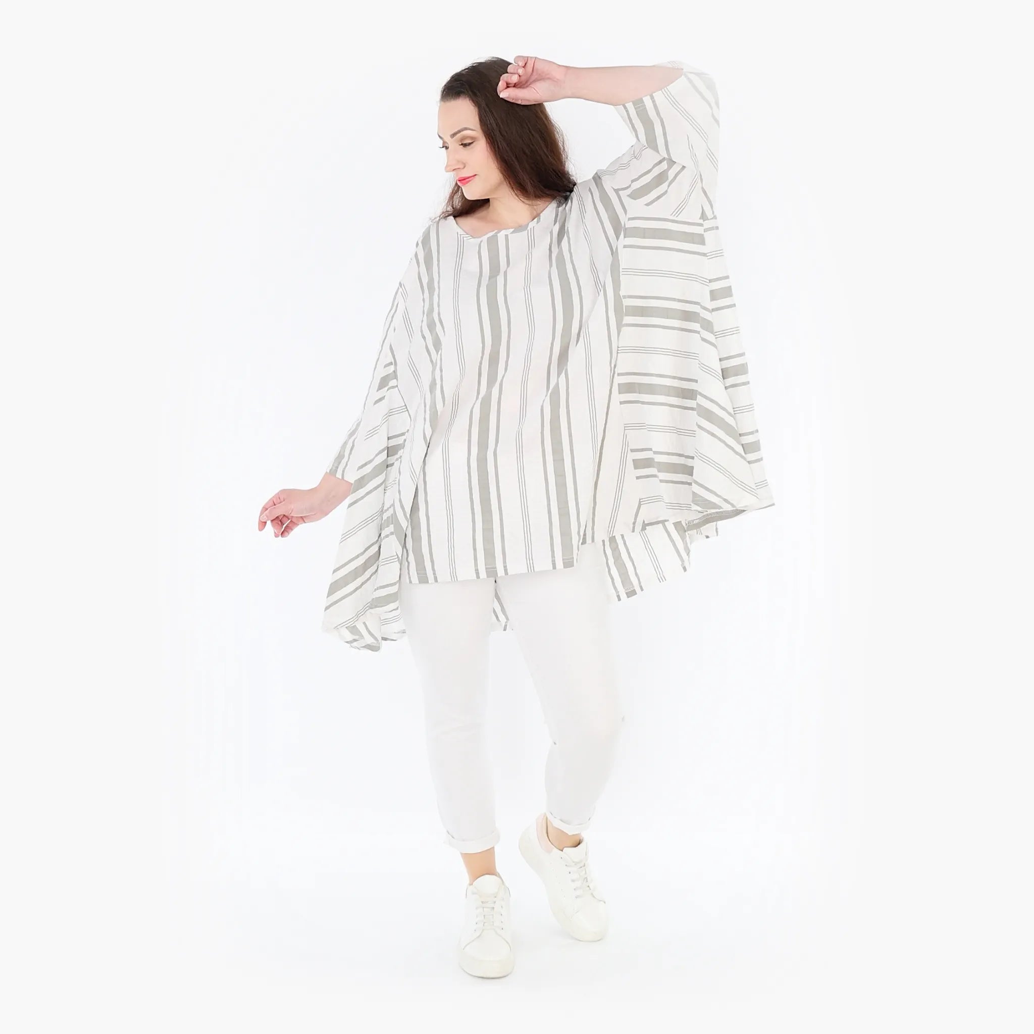  A-Form Bigshirt von AKH Fashion aus Baumwolle, 1420.00593, Weiß/Kiwi, Blockstreifen, Schick