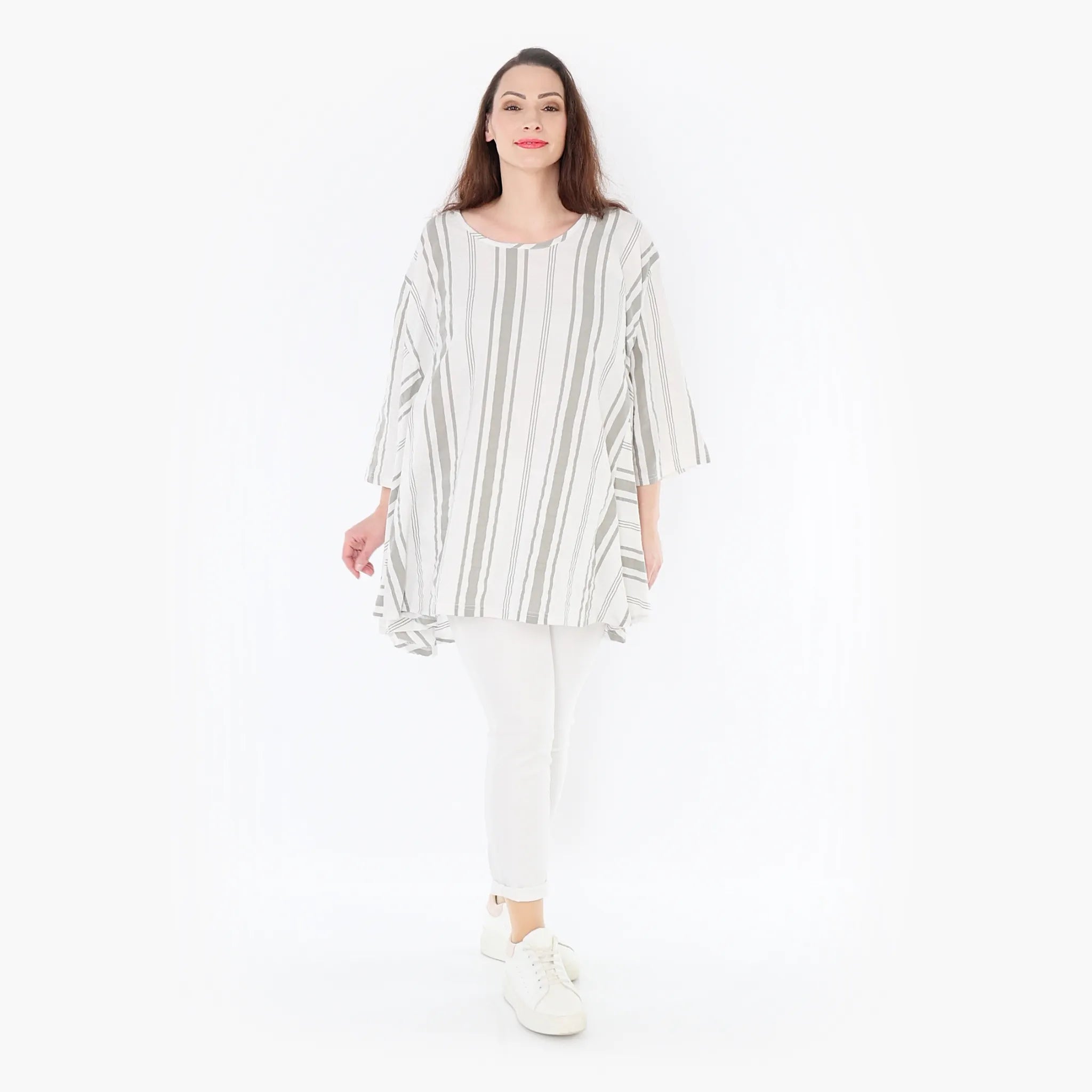 A-Form Bigshirt von AKH Fashion aus Baumwolle, 1420.00593, Weiß/Kiwi, Blockstreifen, Schick