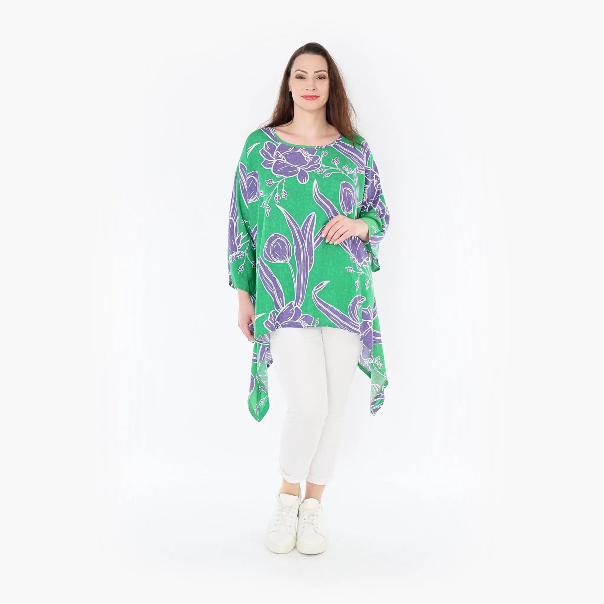  A-Form Bigshirt von AKH Fashion aus Viskose, 1421.06588, Grün/Flieder, Blumen, Schick, Schick