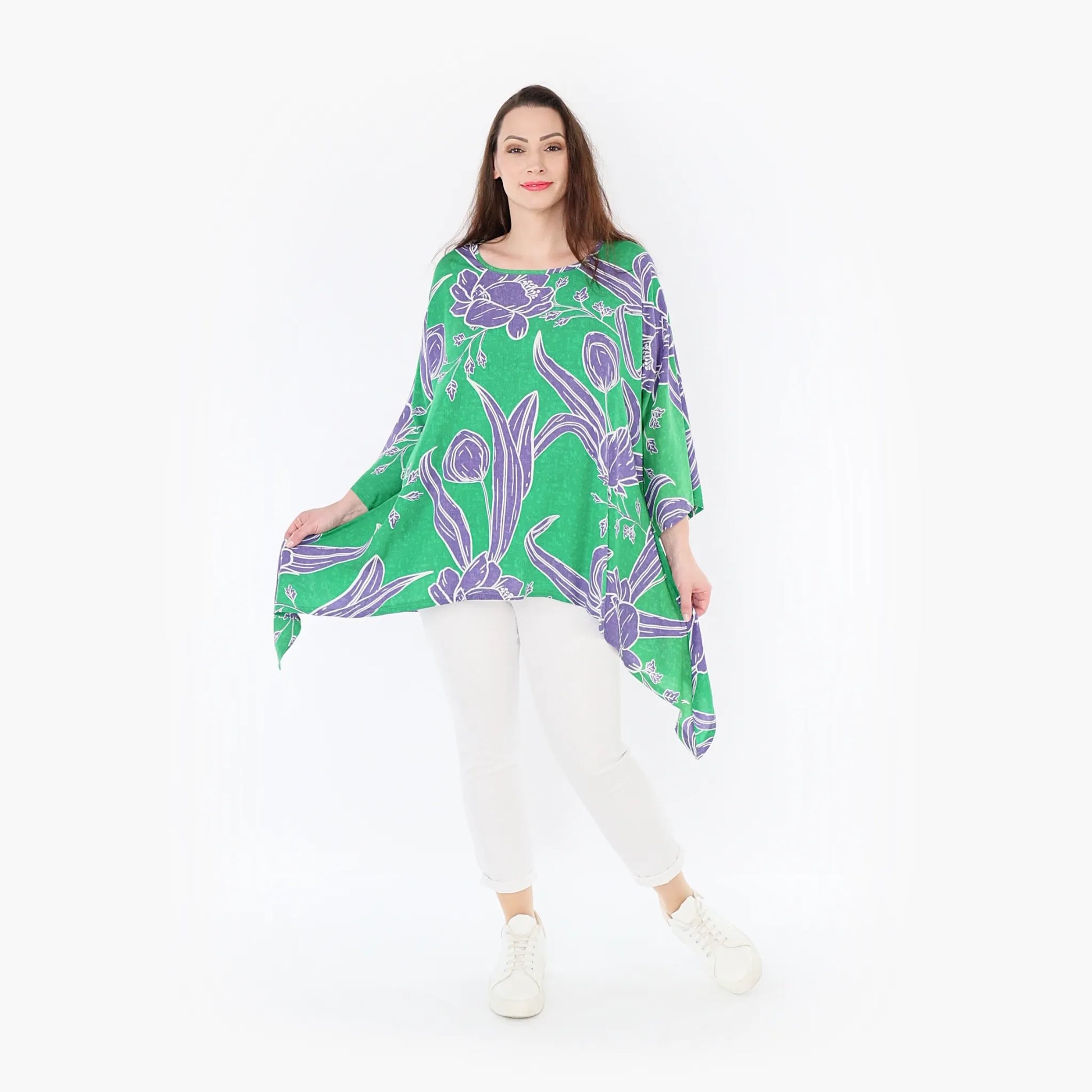  A-Form Bigshirt von AKH Fashion aus Viskose, 1421.06588, Grün/Flieder, Blumen, Schick, Schick