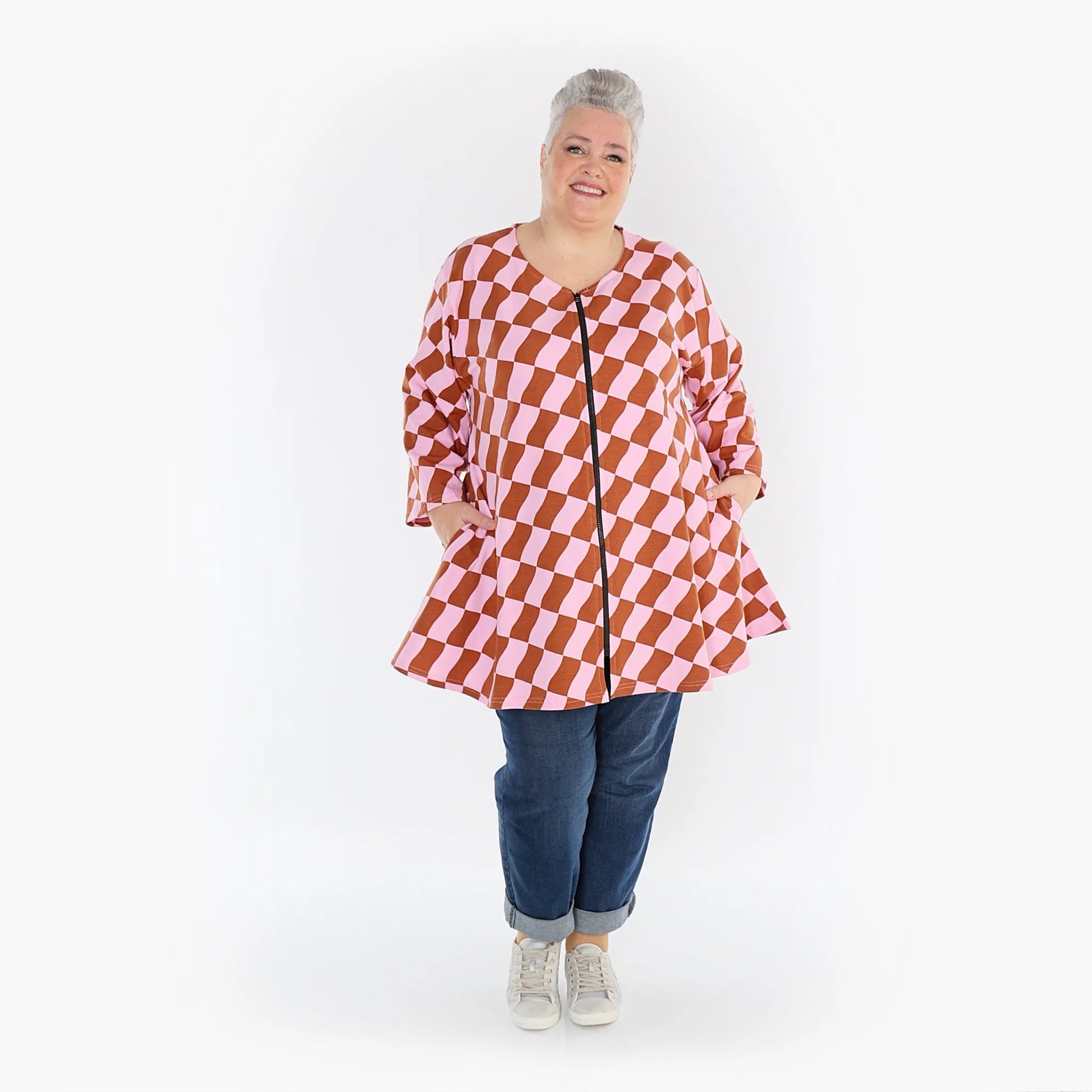  AKH Fashion Jacke in Glocken-Form, aus Baumwolle, 1427.1892J, Pink/Cognac, Kariert, Schick