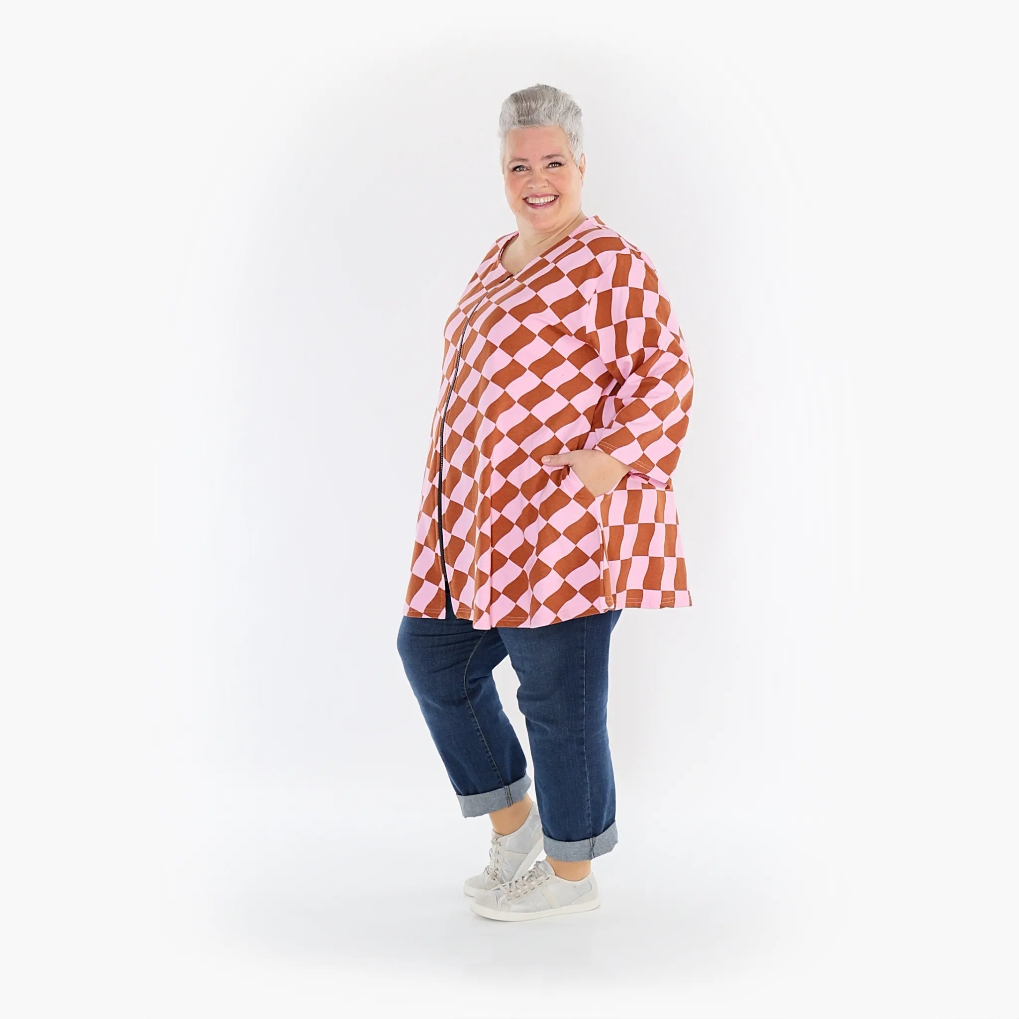  AKH Fashion Jacke in Glocken-Form, aus Baumwolle, 1427.1892J, Pink/Cognac, Kariert, Schick