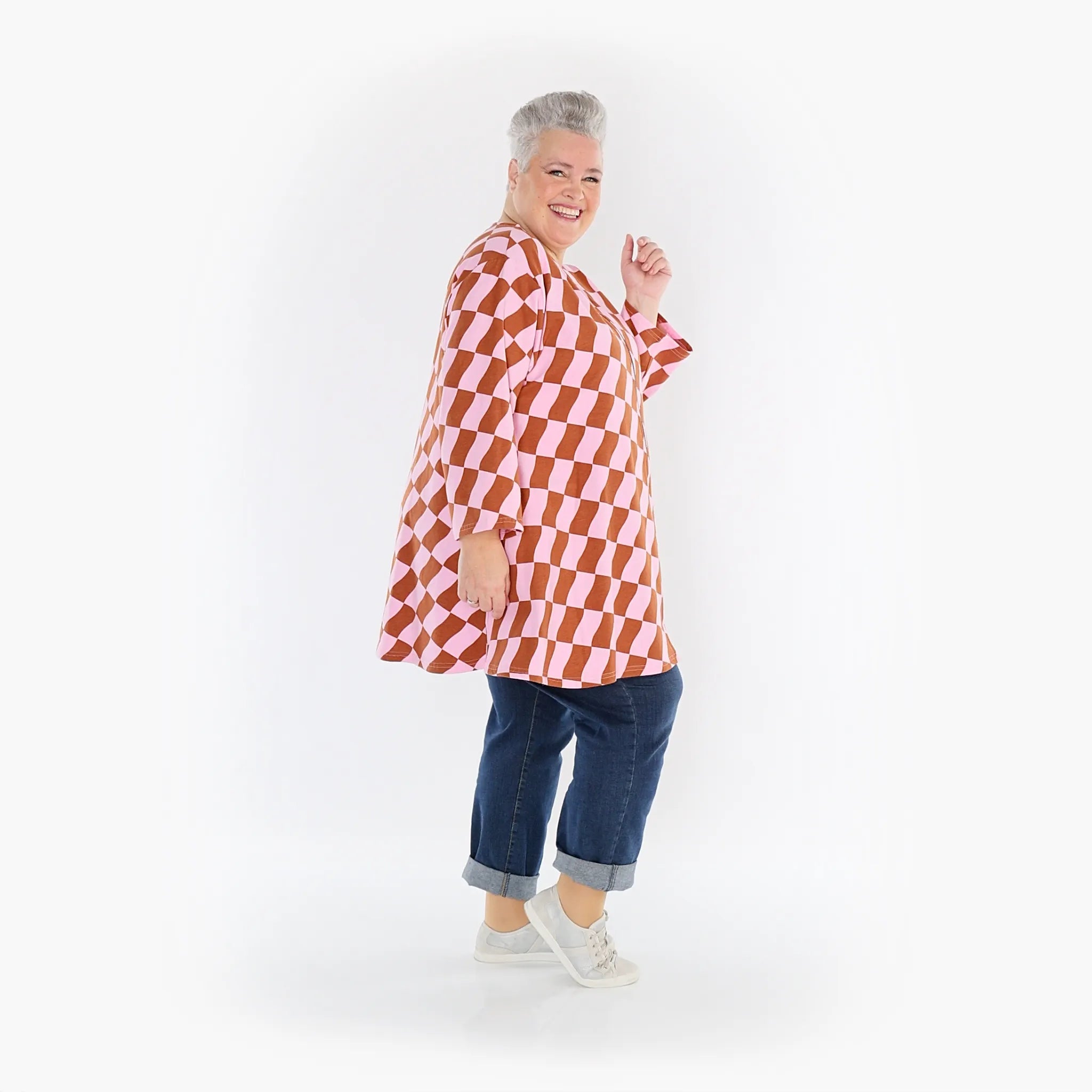  AKH Fashion Jacke in Glocken-Form, aus Baumwolle, 1427.1892J, Pink/Cognac, Kariert, Schick