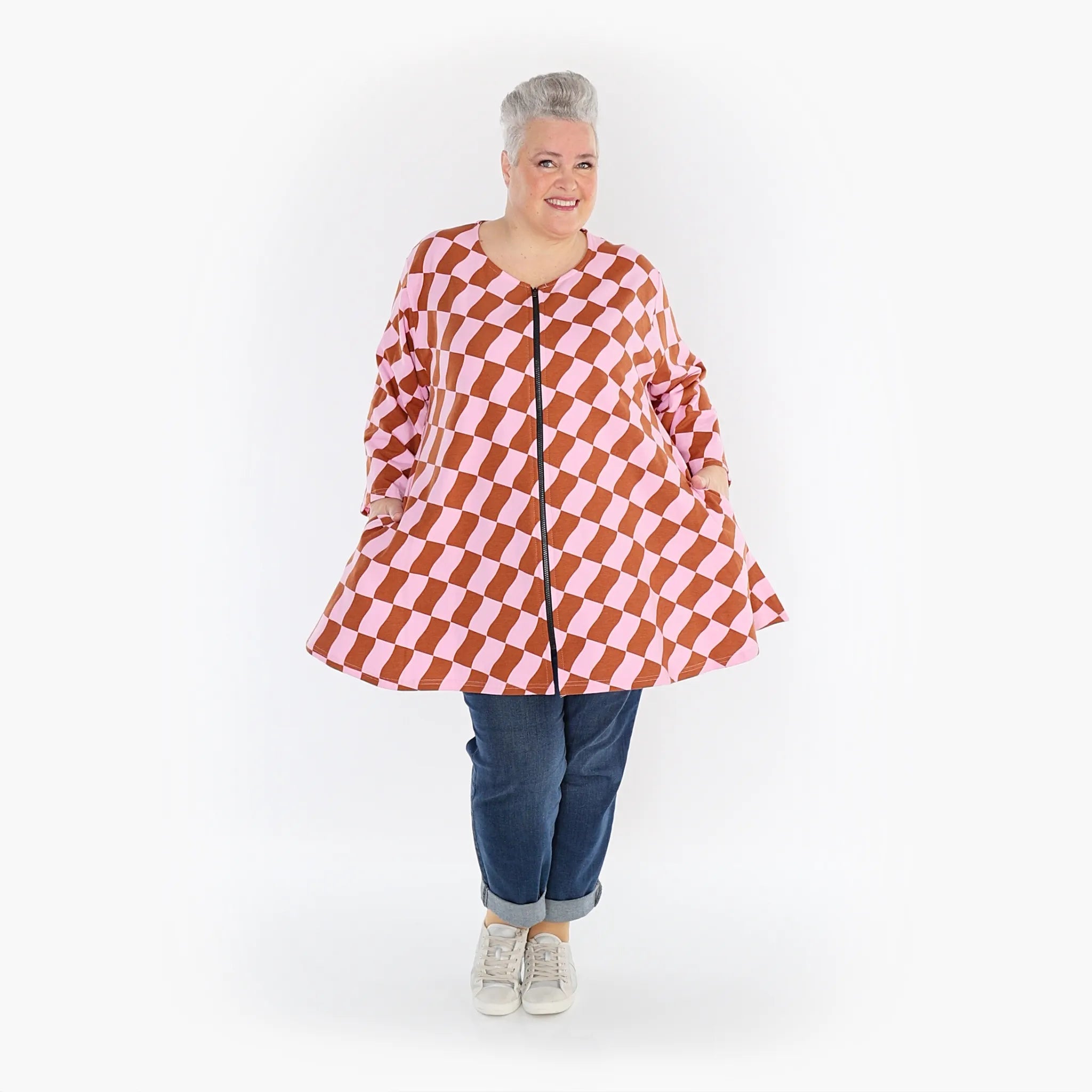  AKH Fashion Jacke in Glocken-Form, aus Baumwolle, 1427.1892J, Pink/Cognac, Kariert, Schick