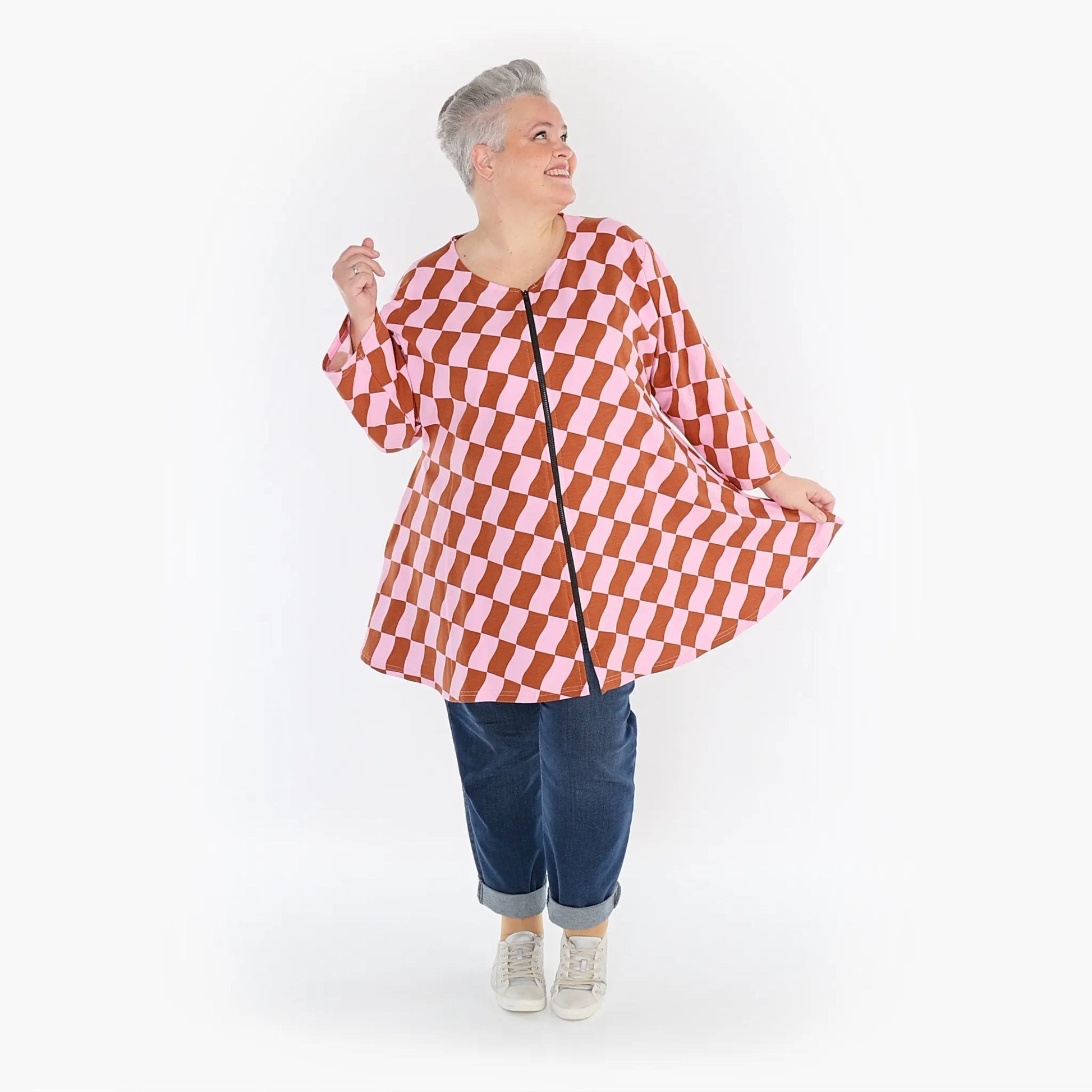  AKH Fashion Jacke in Glocken-Form, aus Baumwolle, 1427.1892J, Pink/Cognac, Kariert, Schick