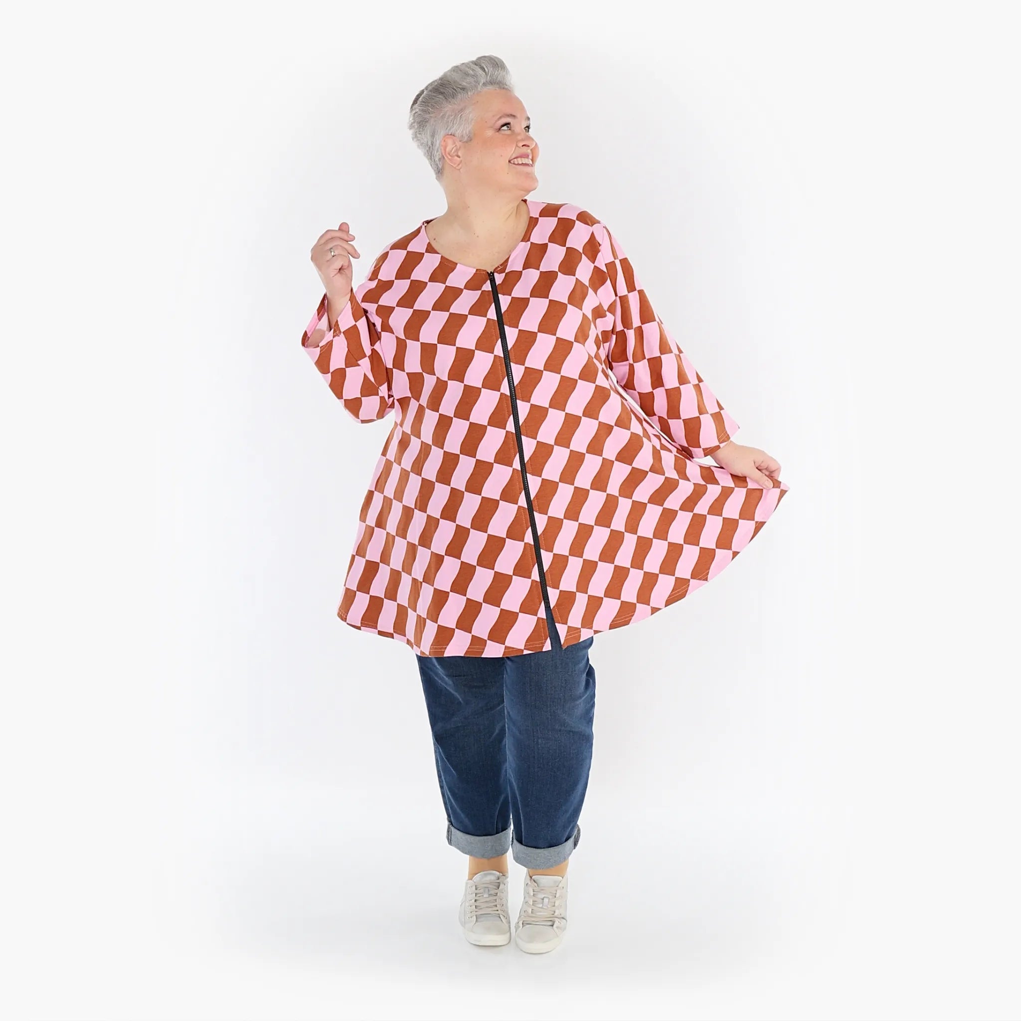  AKH Fashion Jacke in Glocken-Form, aus Baumwolle, 1427.1892J, Pink/Cognac, Kariert, Schick