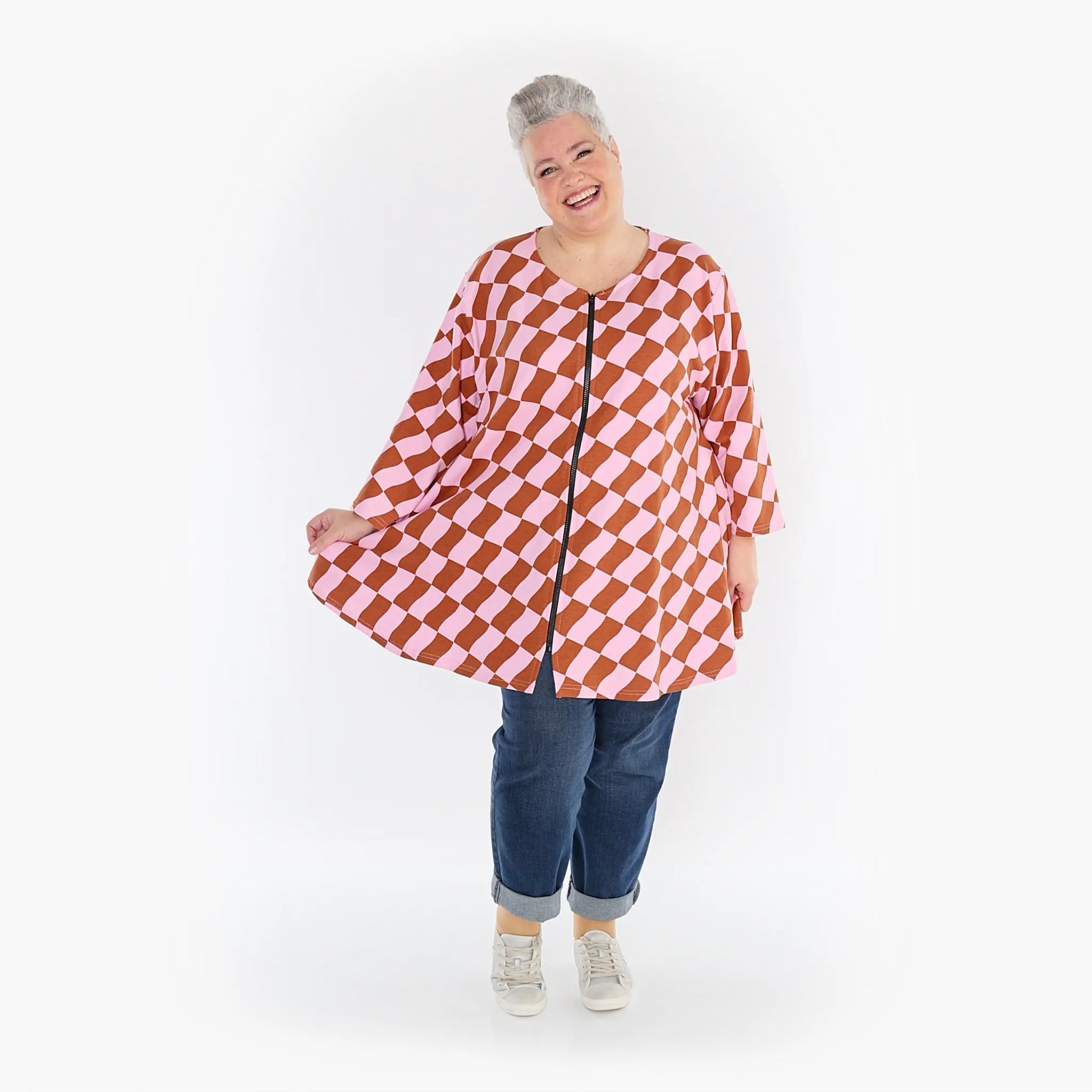  AKH Fashion Jacke in Glocken-Form, aus Baumwolle, 1427.1892J, Pink/Cognac, Kariert, Schick