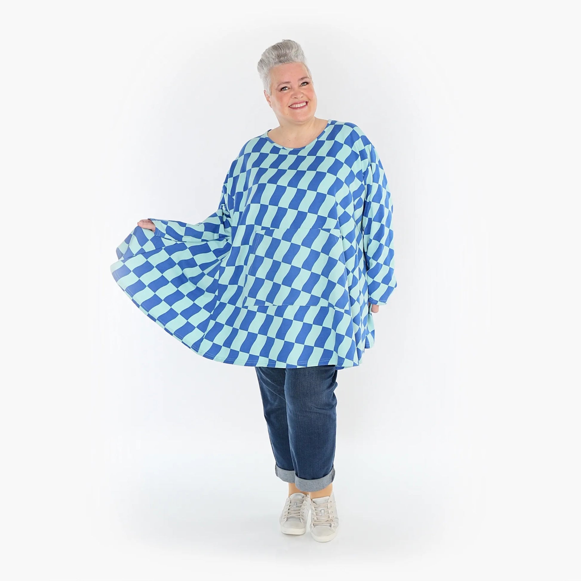  A-Form Bigshirt von AKH Fashion aus Baumwolle, 1427.06708, Türkis/Blau, Kariert, Schick