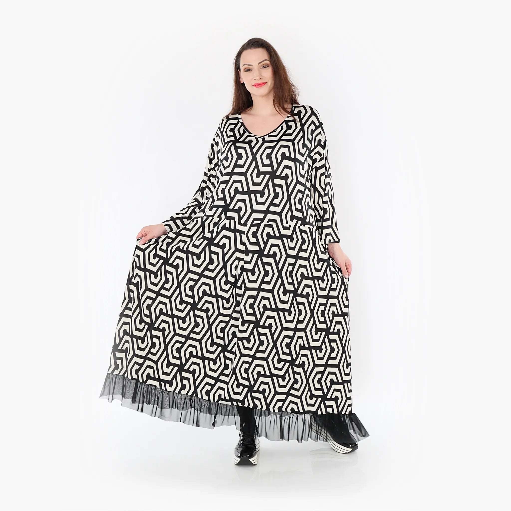  Ballonkleid von AKH Fashion aus Viskose, 1428.06984, Schwarz/Ecru, Grafik, Schick, Modern