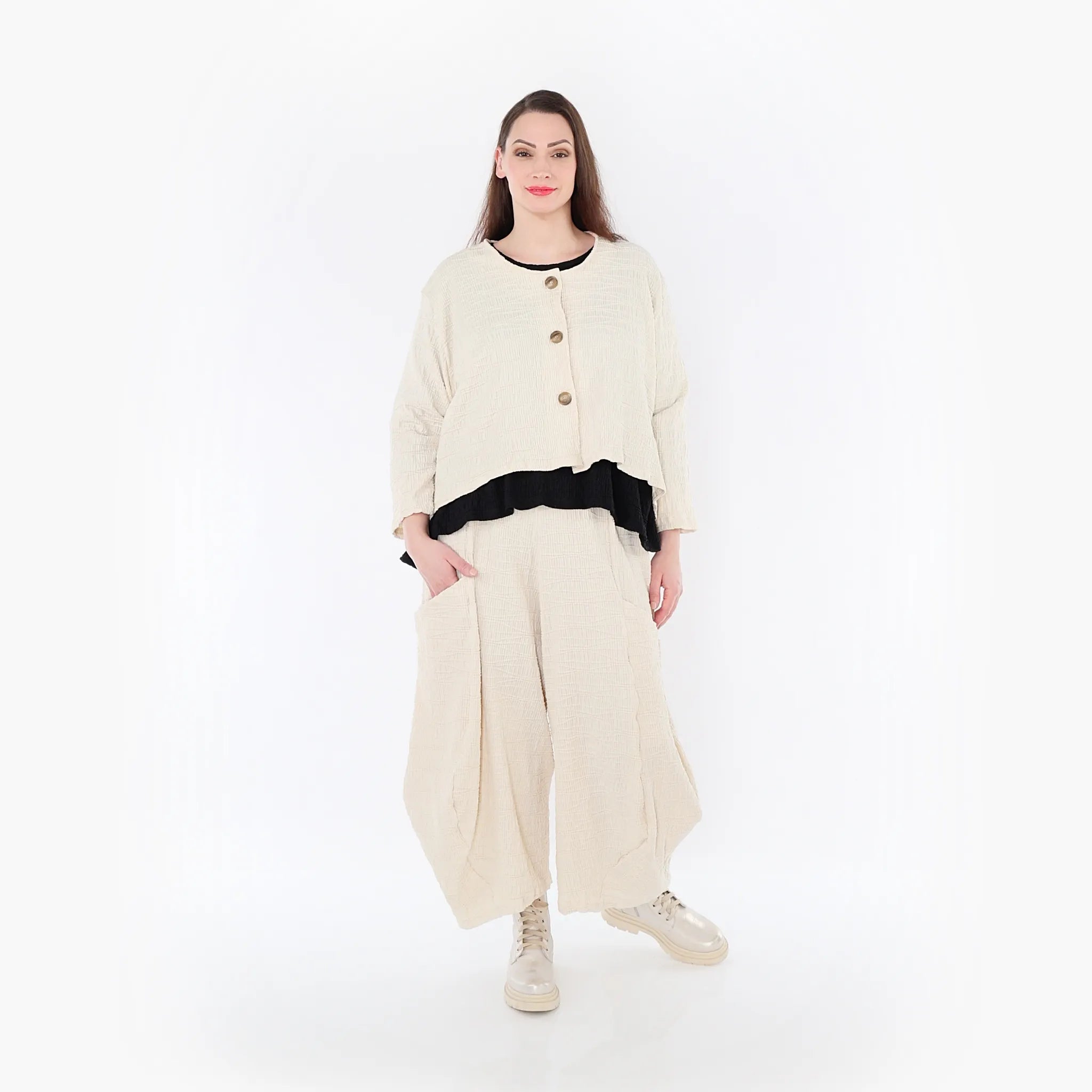  AKH Fashion Jacke in gerundeter Form, aus Baumwolle, 1447.00130, Ecru, Streifen, Schick