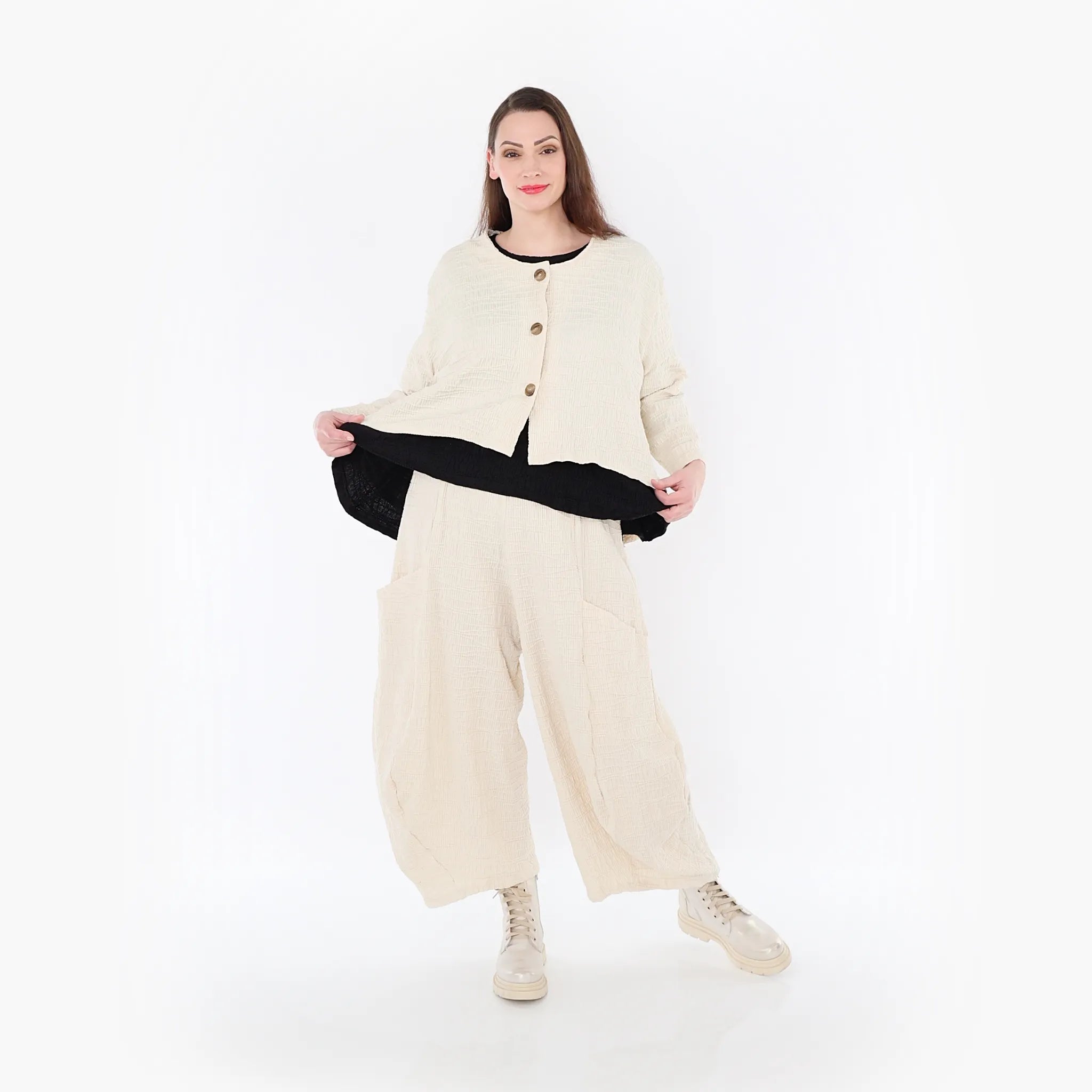  AKH Fashion Jacke in gerundeter Form, aus Baumwolle, 1447.00130, Ecru, Streifen, Schick