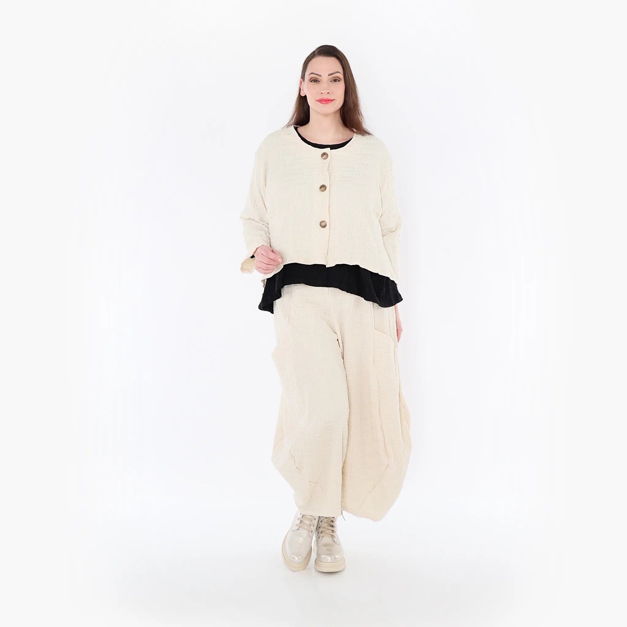  AKH Fashion Jacke in gerundeter Form, aus Baumwolle, 1447.00130, Ecru, Streifen, Schick
