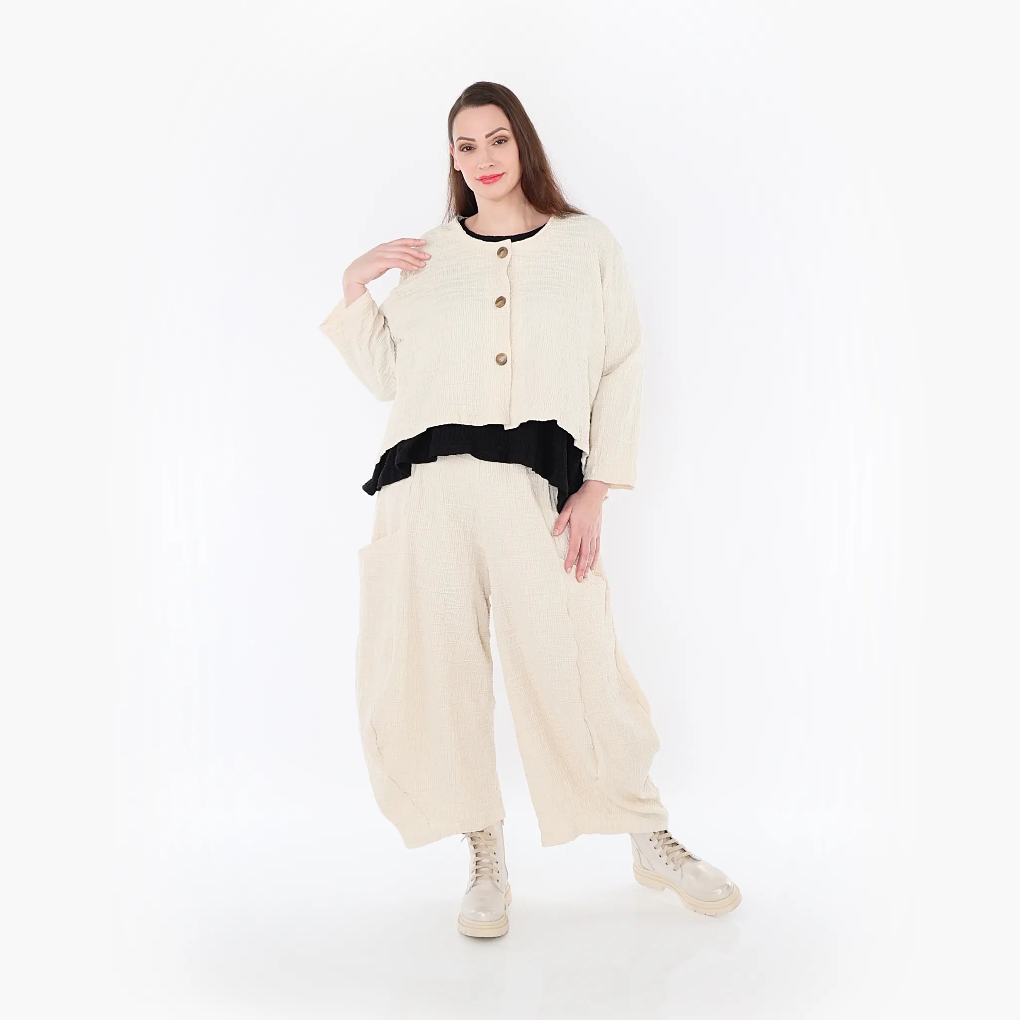  AKH Fashion Jacke in gerundeter Form, aus Baumwolle, 1447.00130, Ecru, Streifen, Schick