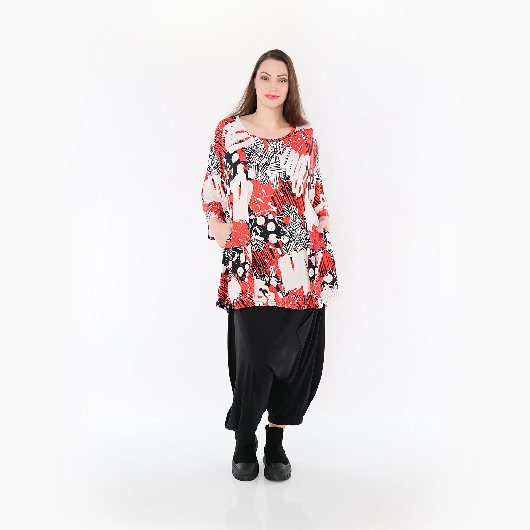  AKH Fashion Bigshirt in Glocken-Form, aus Materialmix, 1451.01892, Rot/Weiß/Schwarz, Punkte