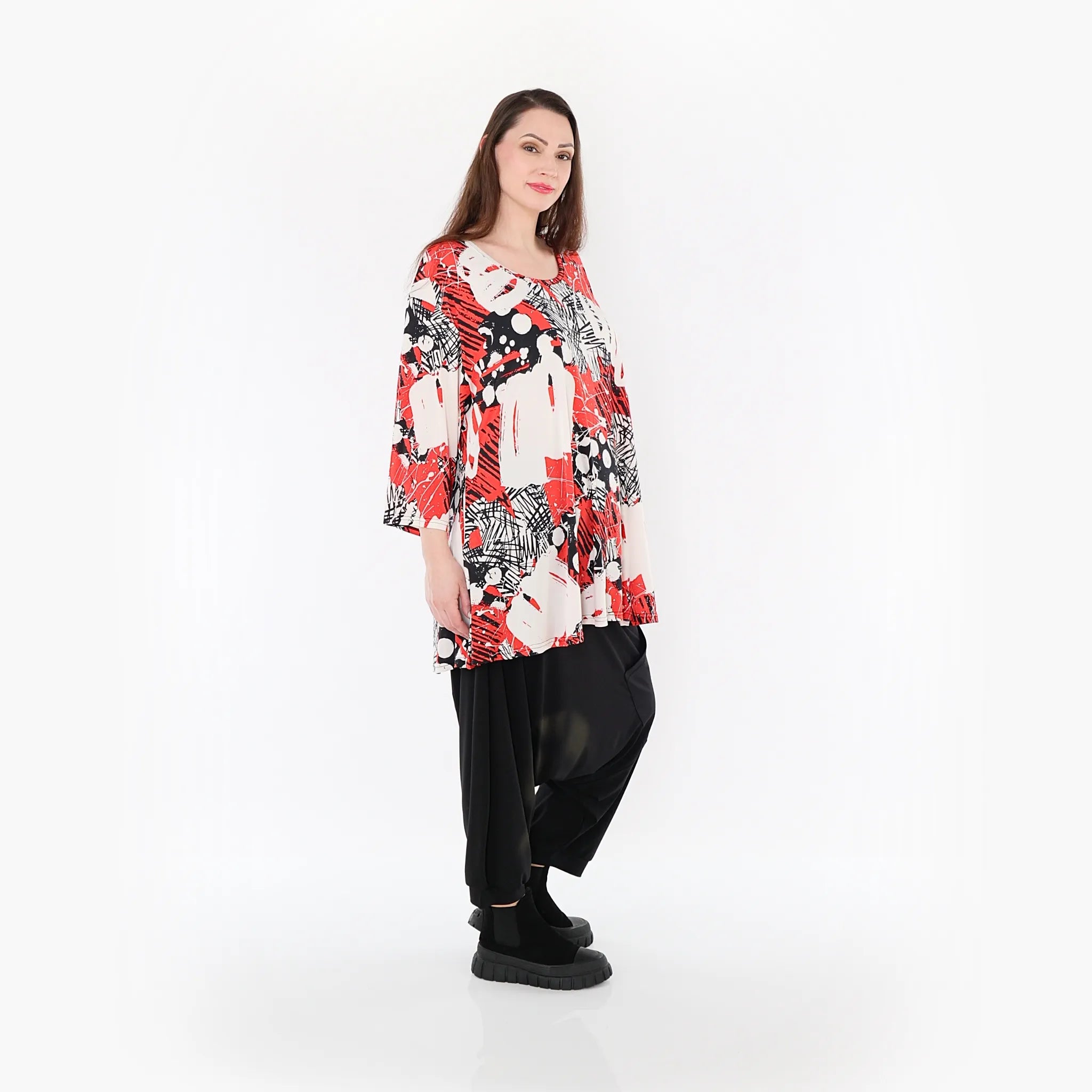  AKH Fashion Bigshirt in Glocken-Form, aus Materialmix, 1451.01892, Rot/Weiß/Schwarz, Punkte