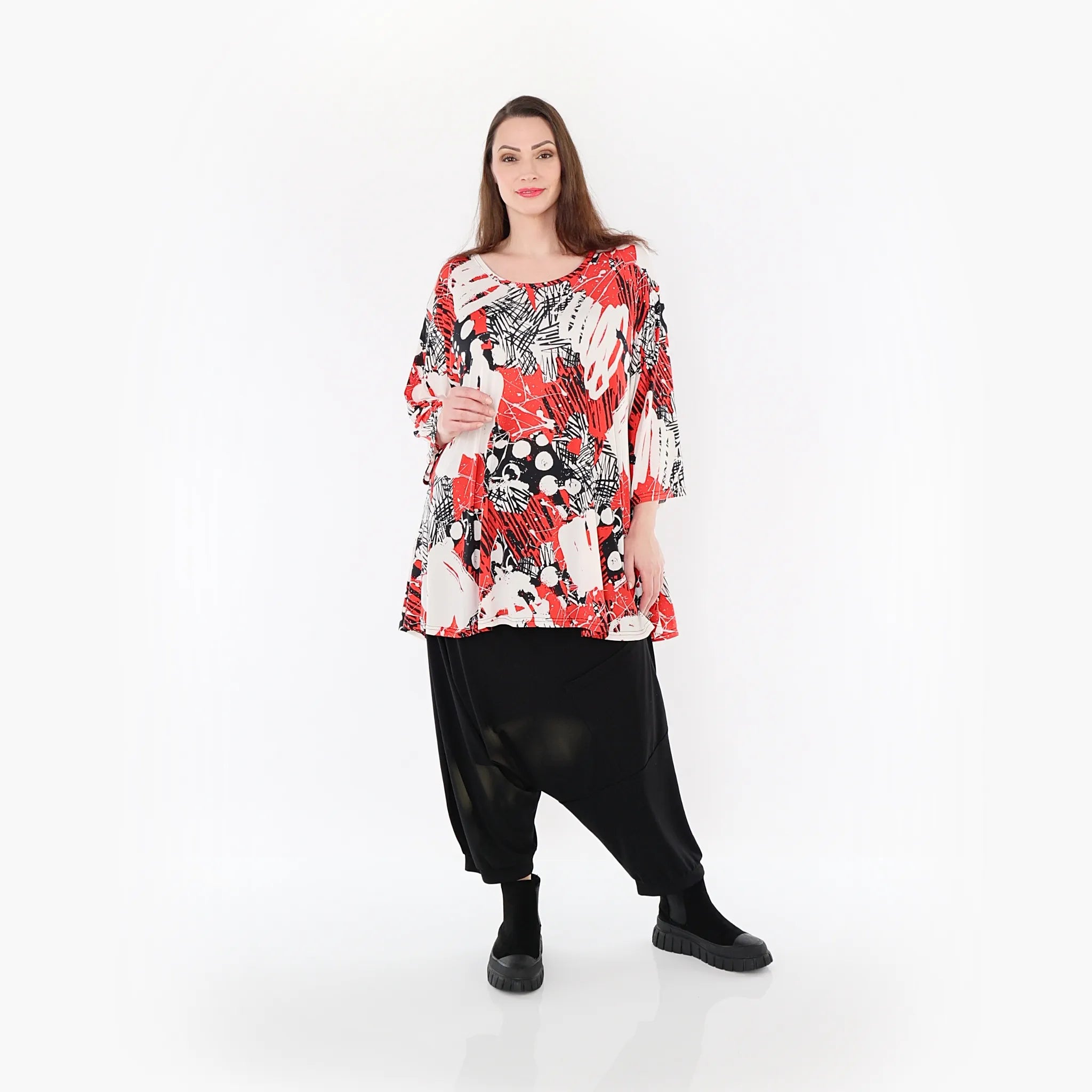  AKH Fashion Bigshirt in Glocken-Form, aus Materialmix, 1451.01892, Rot/Weiß/Schwarz, Punkte