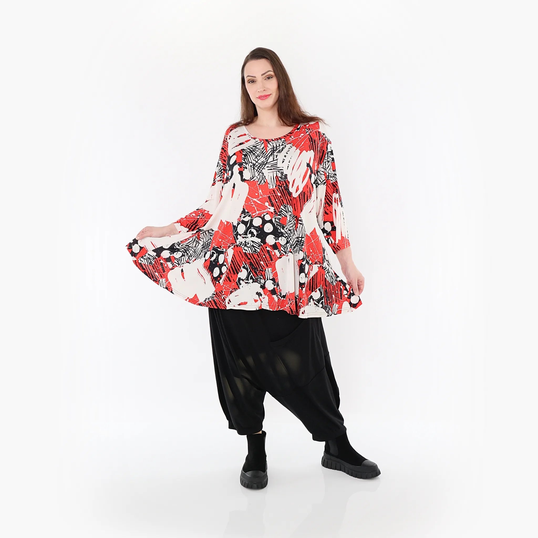  AKH Fashion Bigshirt in Glocken-Form, aus Materialmix, 1451.01892, Rot/Weiß/Schwarz, Punkte