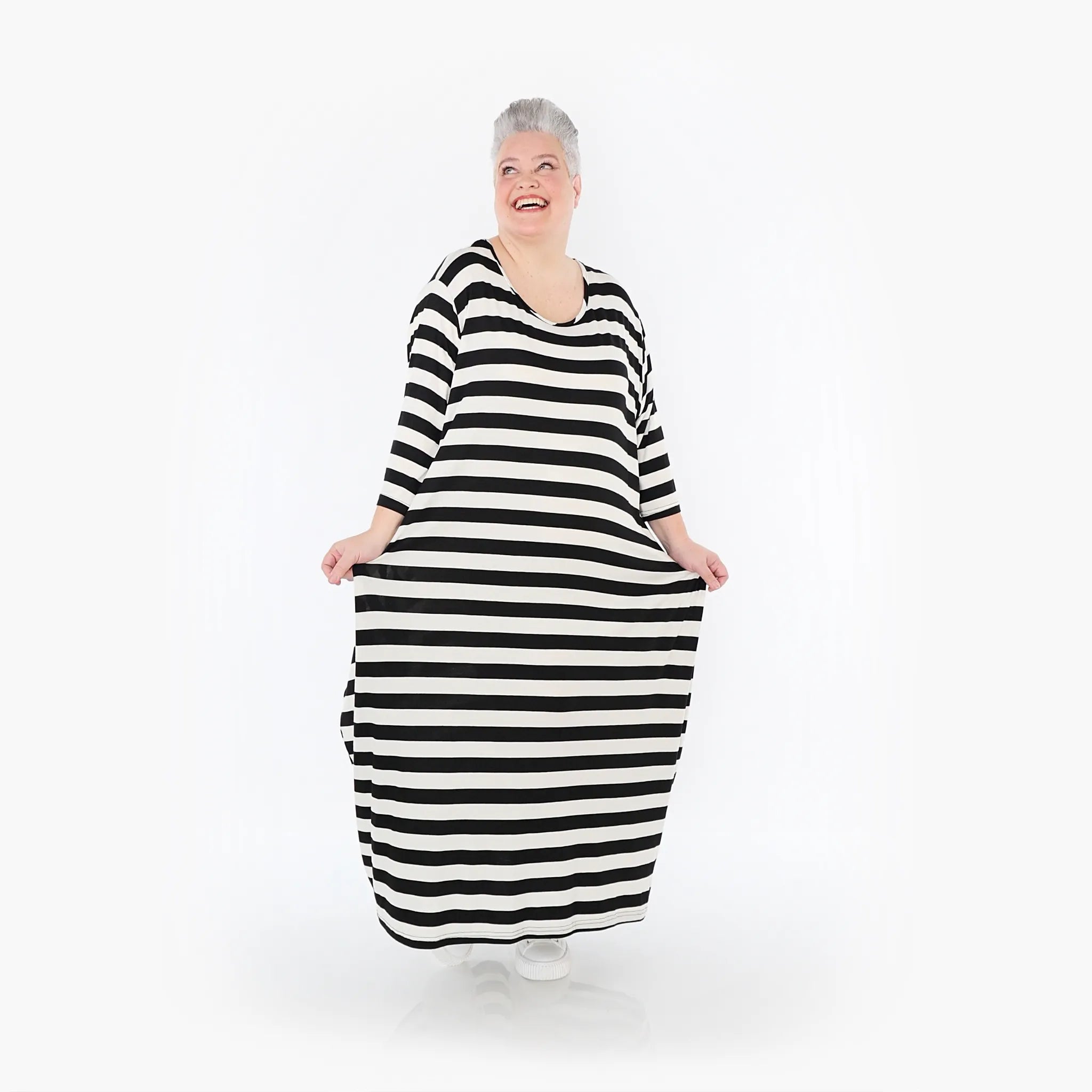  Ballonkleid von AKH Fashion aus Viskose, 1459.01926, Weiß/Schwarz, Blockstreifen, Schick