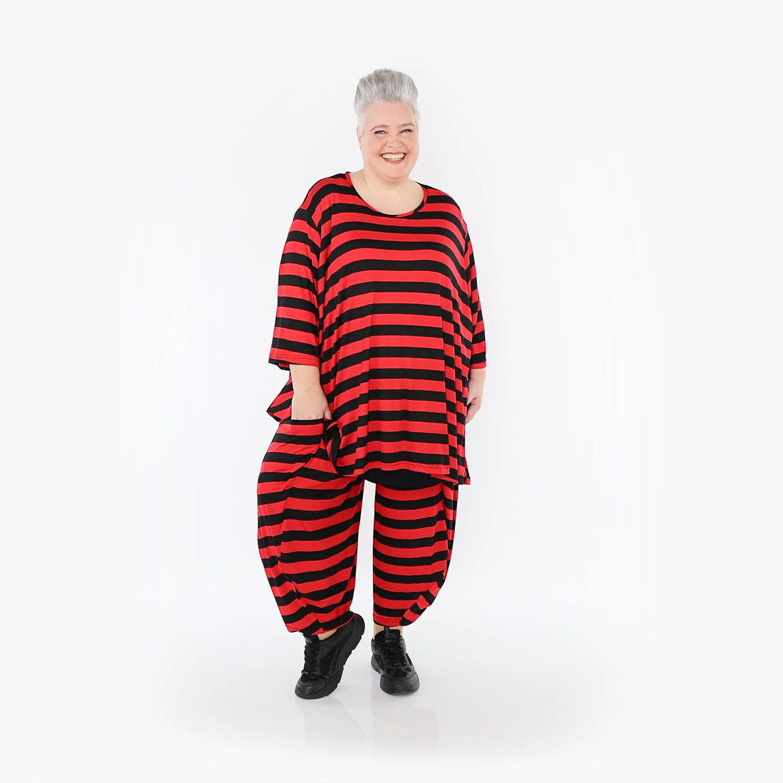  A-Form Bigshirt von AKH Fashion aus Viskose, 1459.00593, Rot/Schwarz, Blockstreifen, Schick