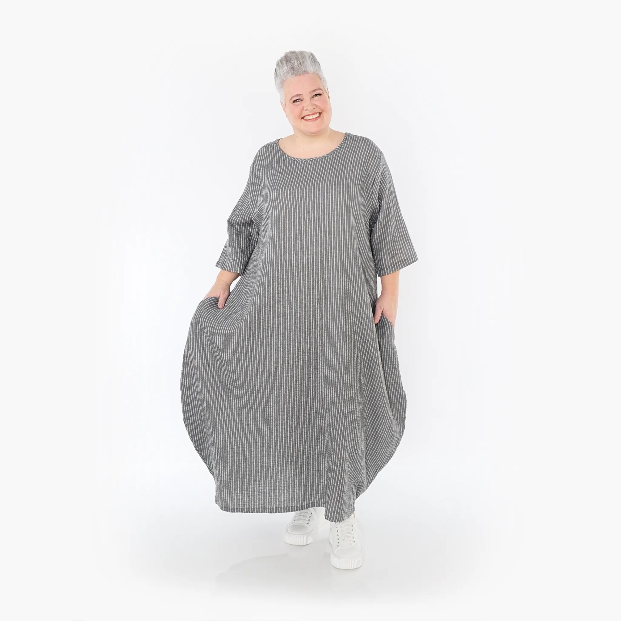  Ballonkleid von AKH Fashion aus Baumwolle, 1461.01926, Grau/Weiß, Streifen, Ausgefallen