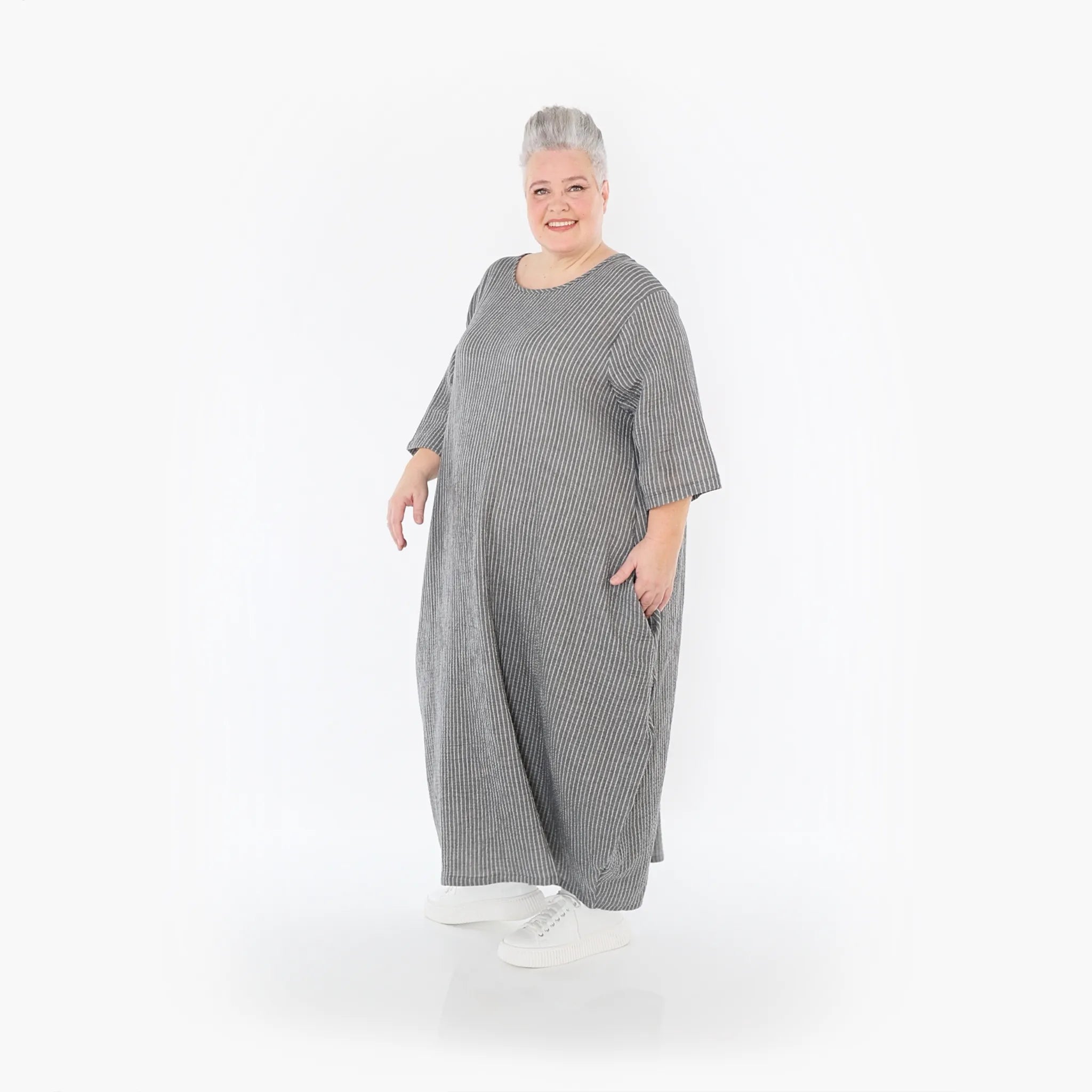  Ballonkleid von AKH Fashion aus Baumwolle, 1461.01926, Grau/Weiß, Streifen, Ausgefallen