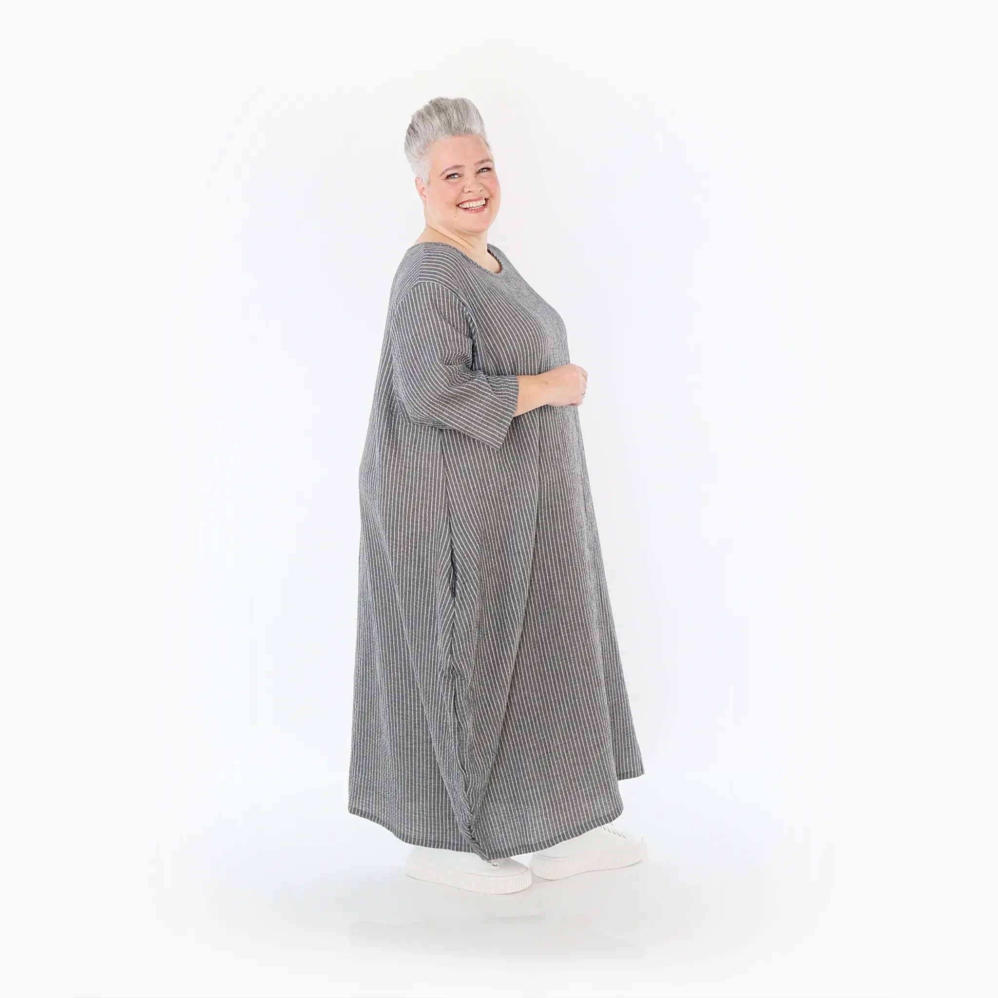  Ballonkleid von AKH Fashion aus Baumwolle, 1461.01926, Grau/Weiß, Streifen, Ausgefallen