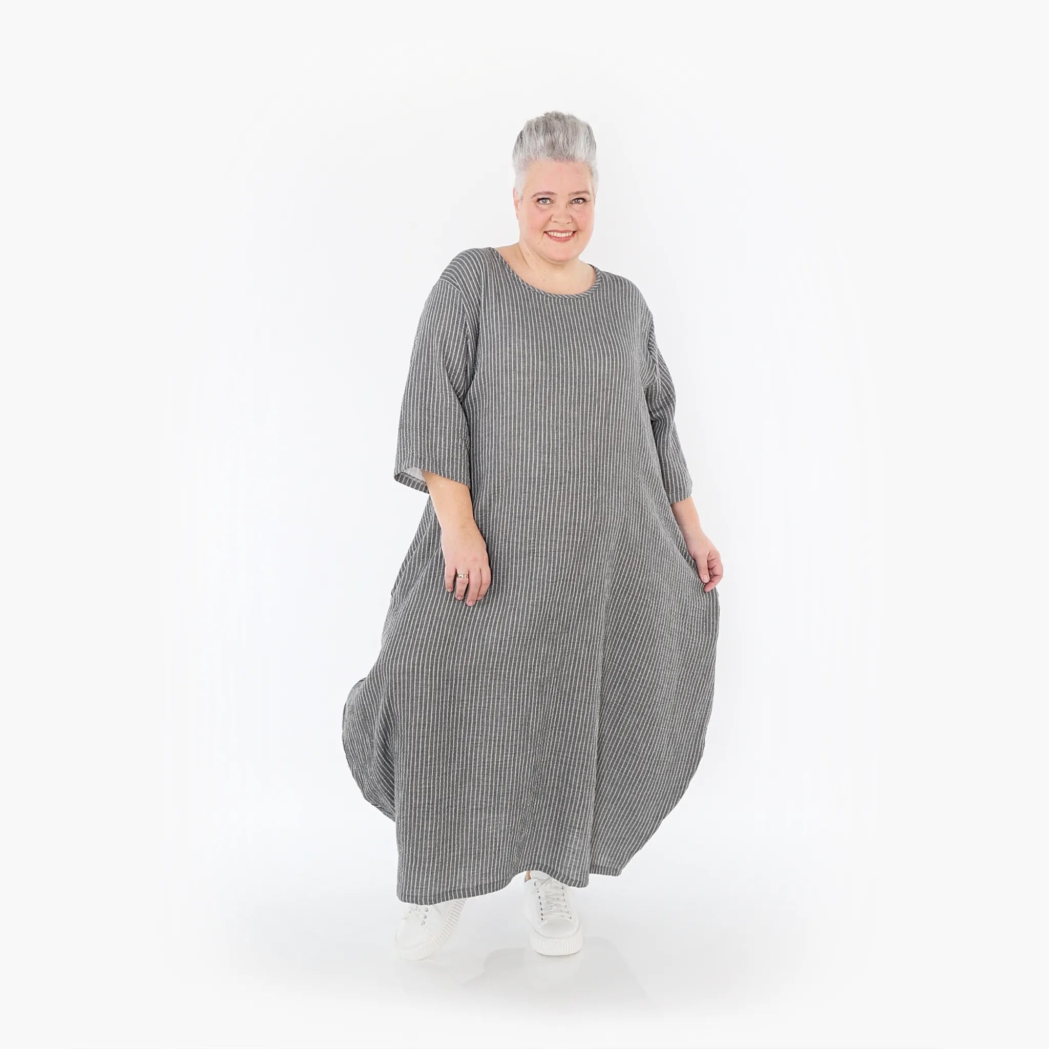  Ballonkleid von AKH Fashion aus Baumwolle, 1461.01926, Grau/Weiß, Streifen, Ausgefallen