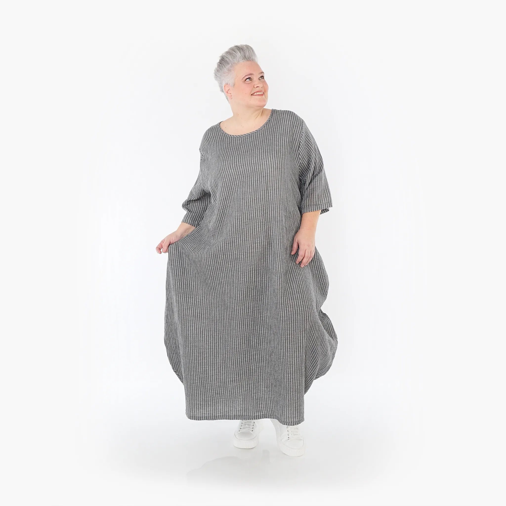 Ballonkleid von AKH Fashion aus Baumwolle, 1461.01926, Grau/Weiß, Streifen, Ausgefallen