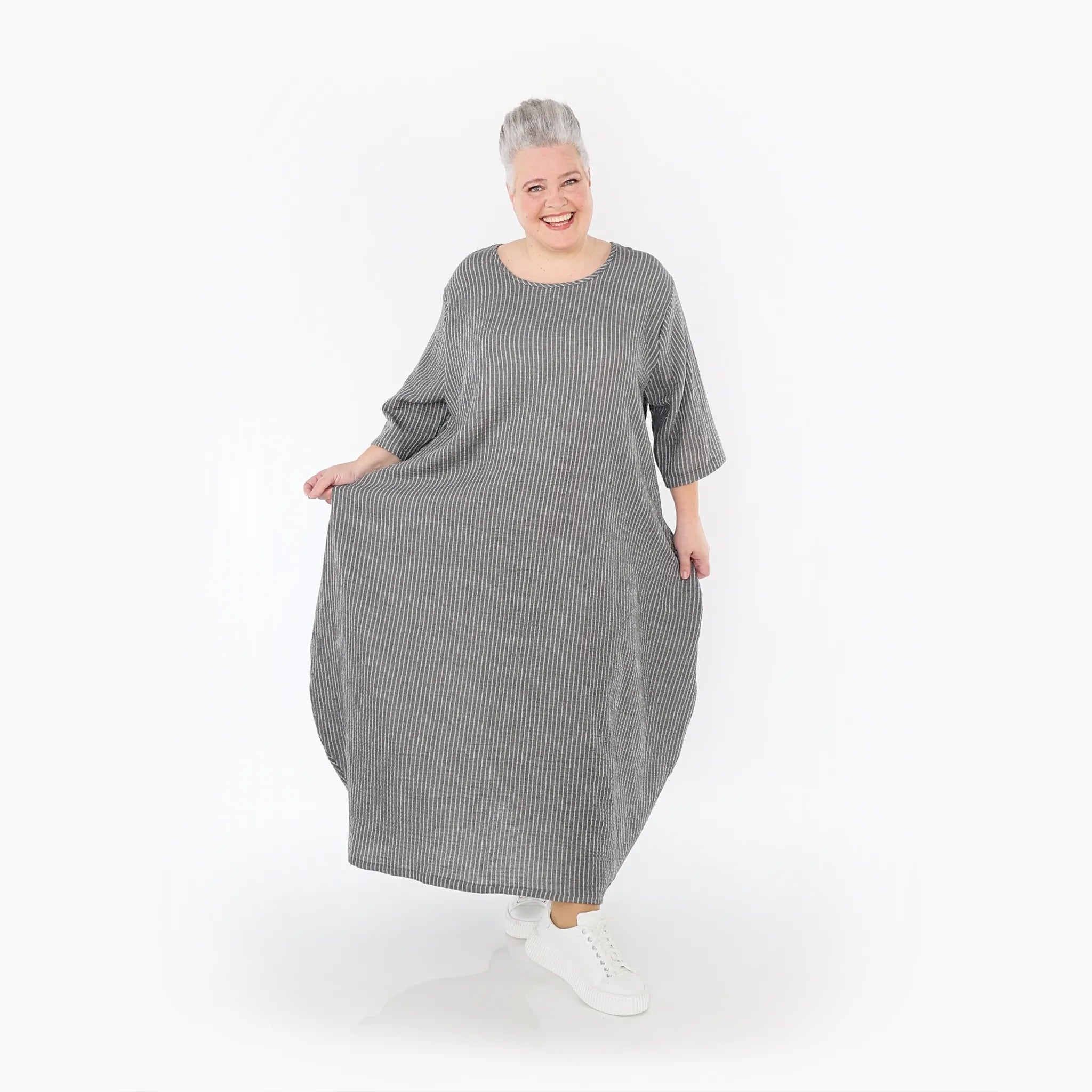  Ballonkleid von AKH Fashion aus Baumwolle, 1461.01926, Grau/Weiß, Streifen, Ausgefallen