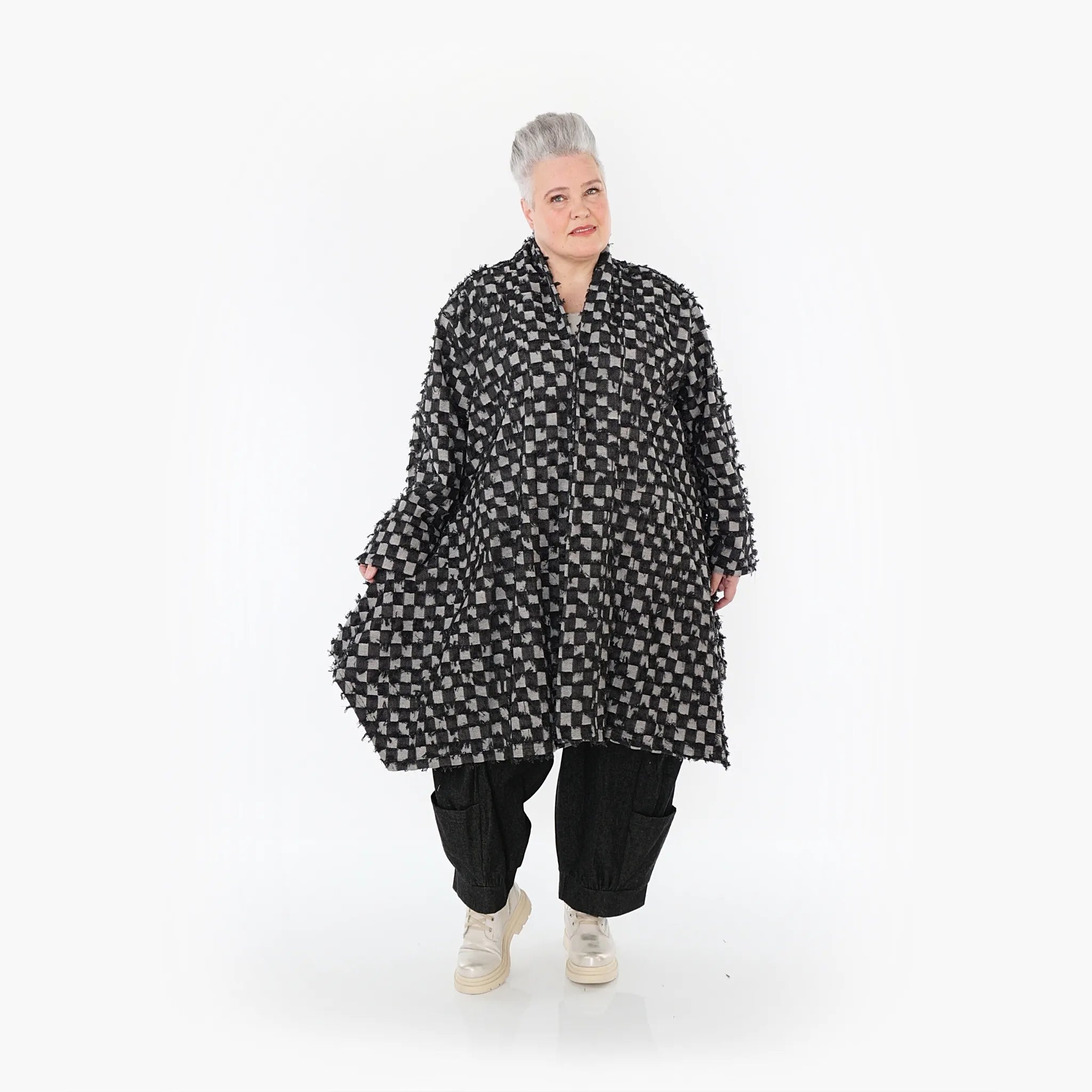  A-Form Cardigan von AKH Fashion aus Baumwolle, 1463.07040, Schwarz/Grau, Kariert, Schick