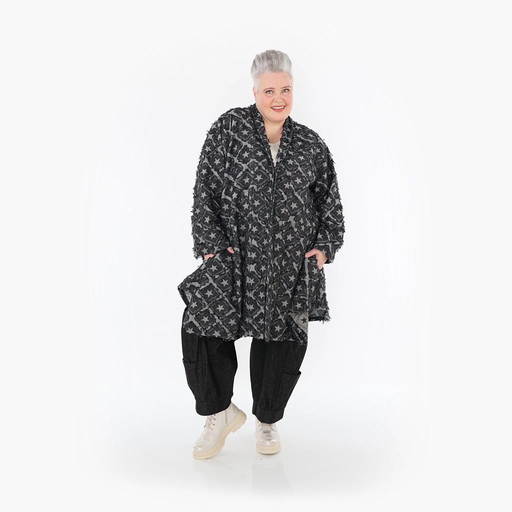  A-Form Cardigan von AKH Fashion aus Baumwolle, 1464.07040, Schwarz/Grau, Raute, Schick