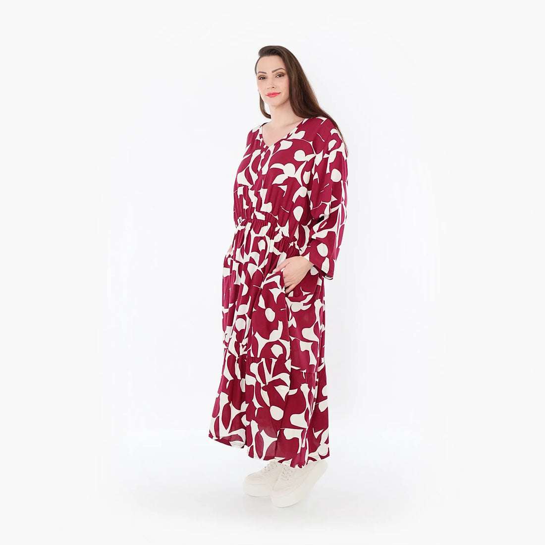  Ballonkleid von AKH Fashion aus Viskose, 1471.07064, Weinrot/Weiß, Muster, Ausgefallen